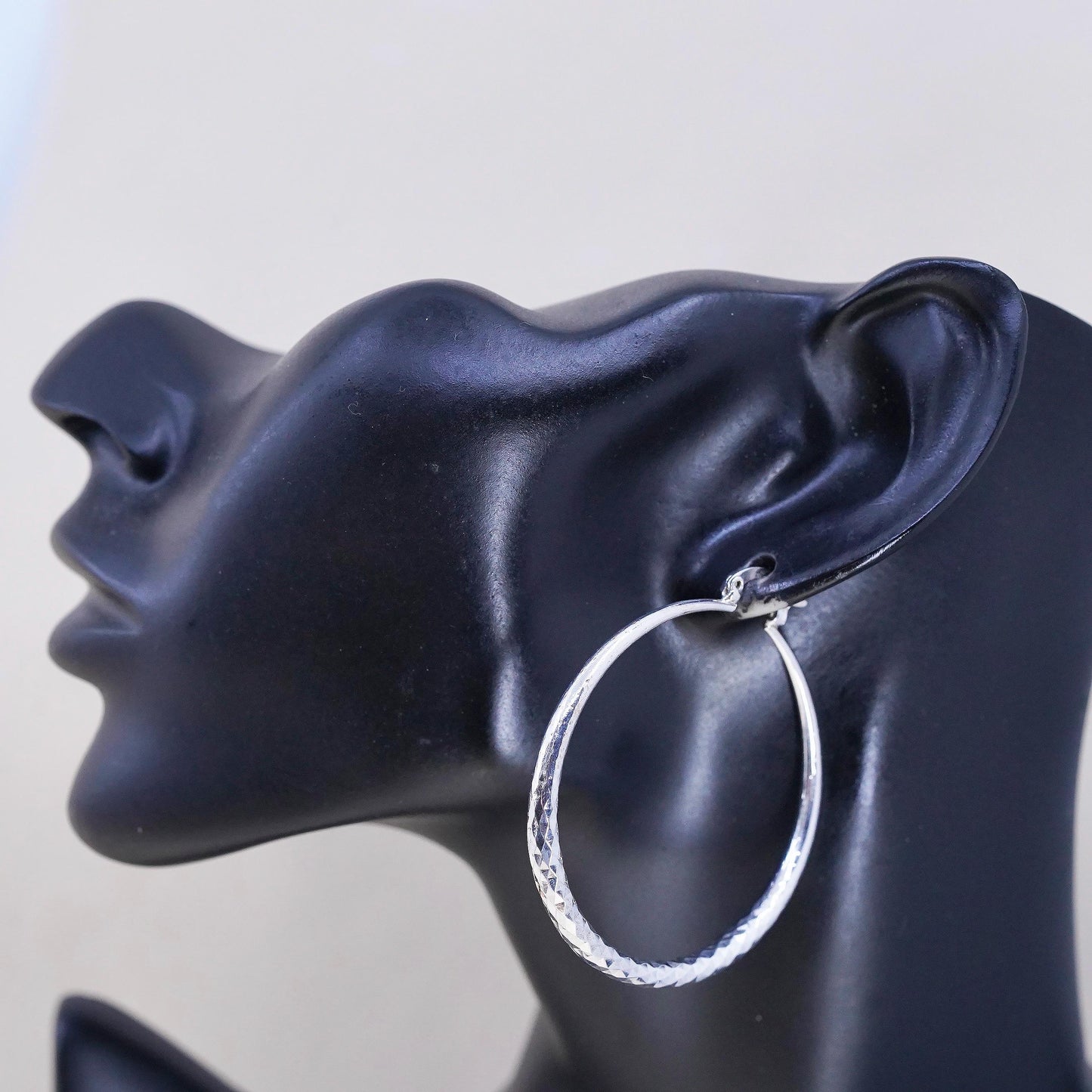 2" VTG Sterling Silver Diamond Cut Circle Large Earrings, Classic Round Hoops