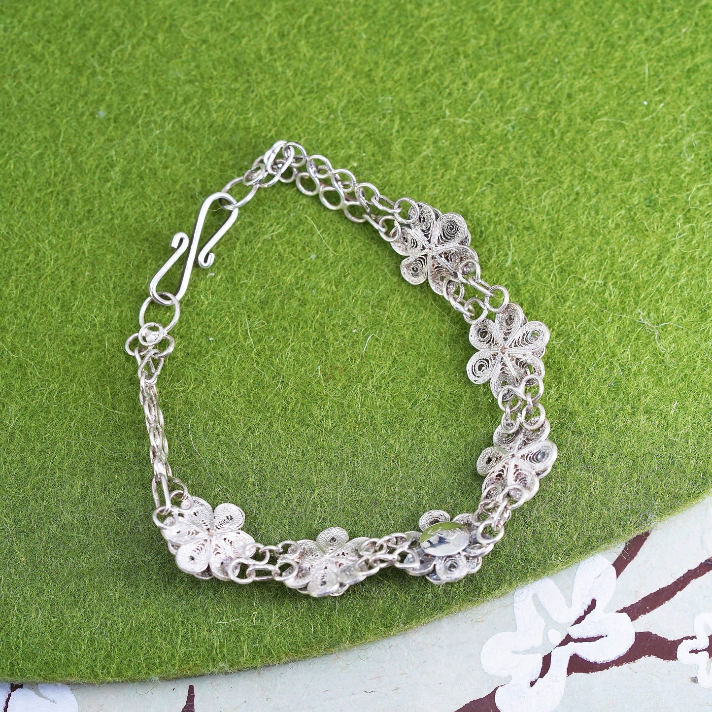5.75", vintage sterling silver handmade bracelet, 800 filigree flower chain