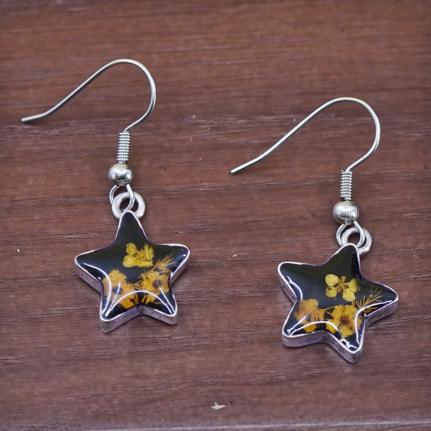 Vintage Mexican Sterling 925 silver handmade star earrings with floral resin