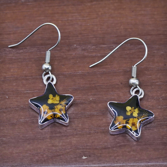 Vintage Mexican Sterling 925 silver handmade star earrings with floral resin