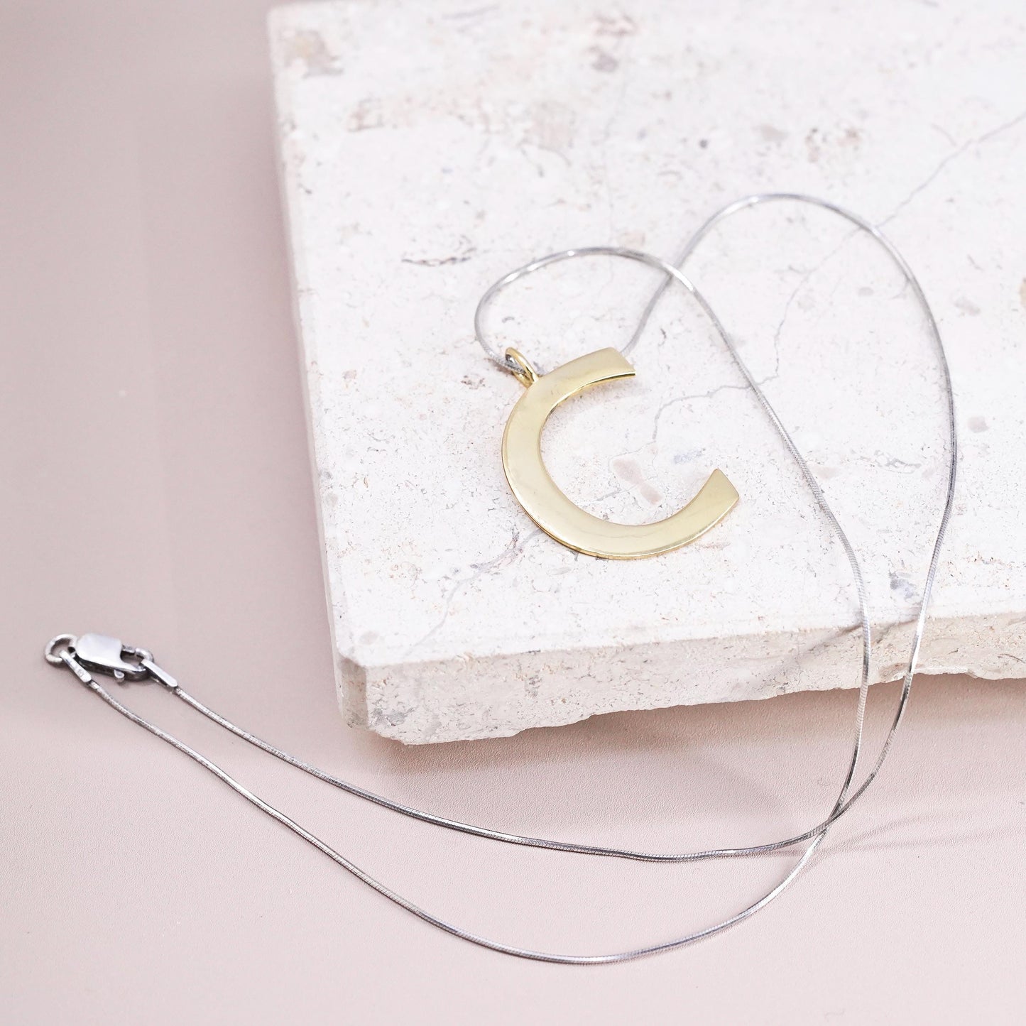 18" two tone Sterling silver necklace, 925 snake chain with letter C pendant