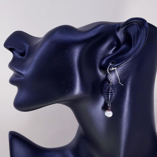 Vintage Sterling 925 silver handmade earrings with glass beads pearl dangles