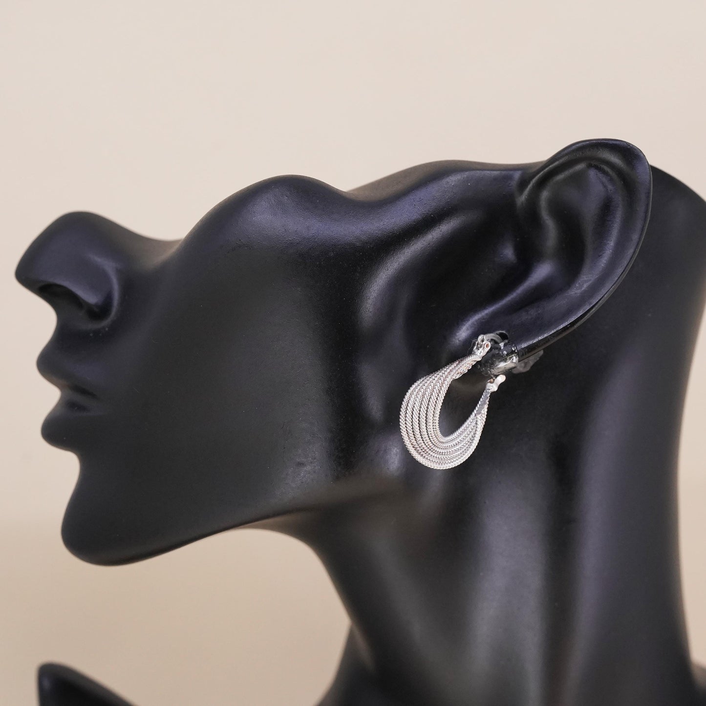 1", Vintage sterling silver loop single earring, ribbed primitive twisted hoop