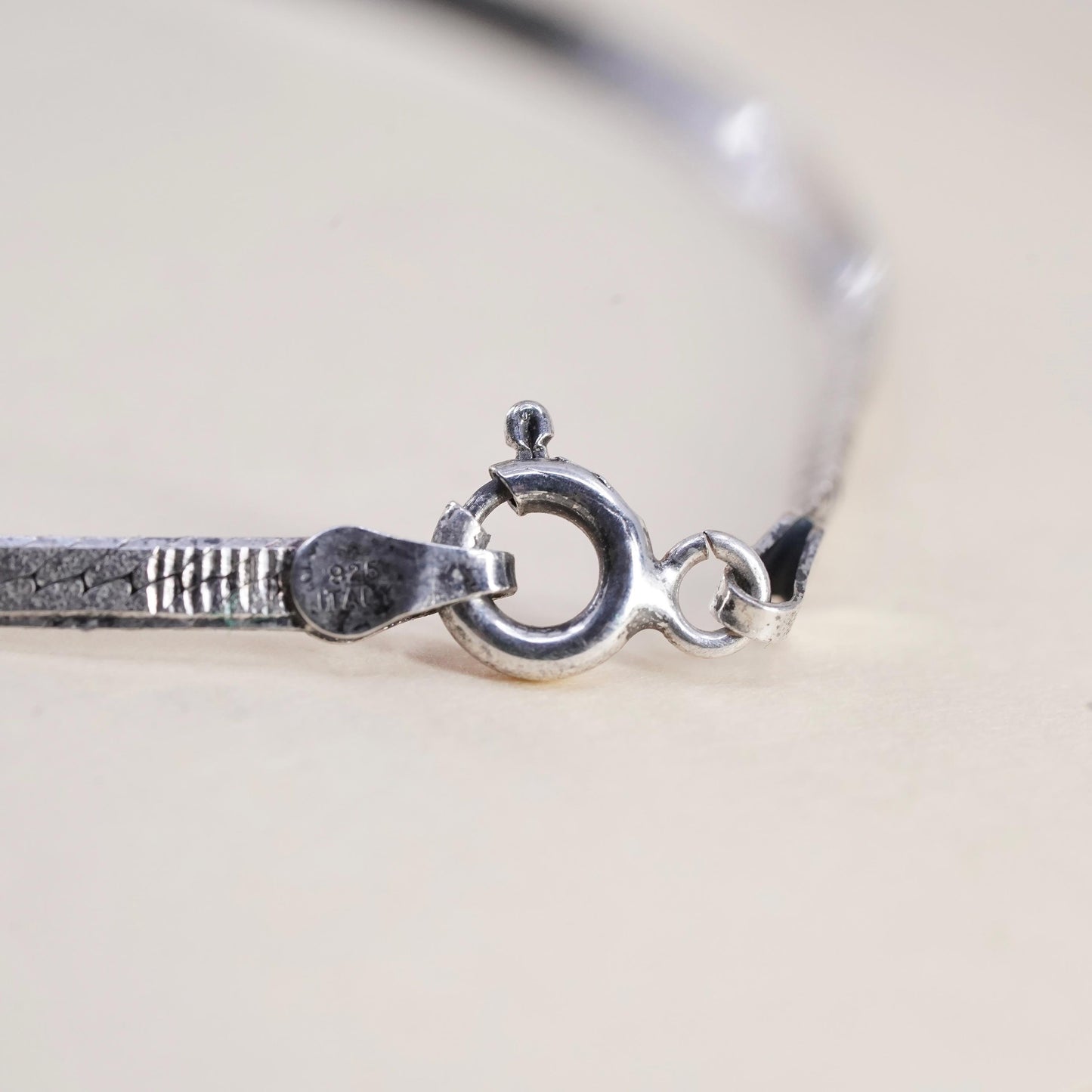 7.5", Vintage Italian sterling silver textured herringbone bracelet, 925 chain