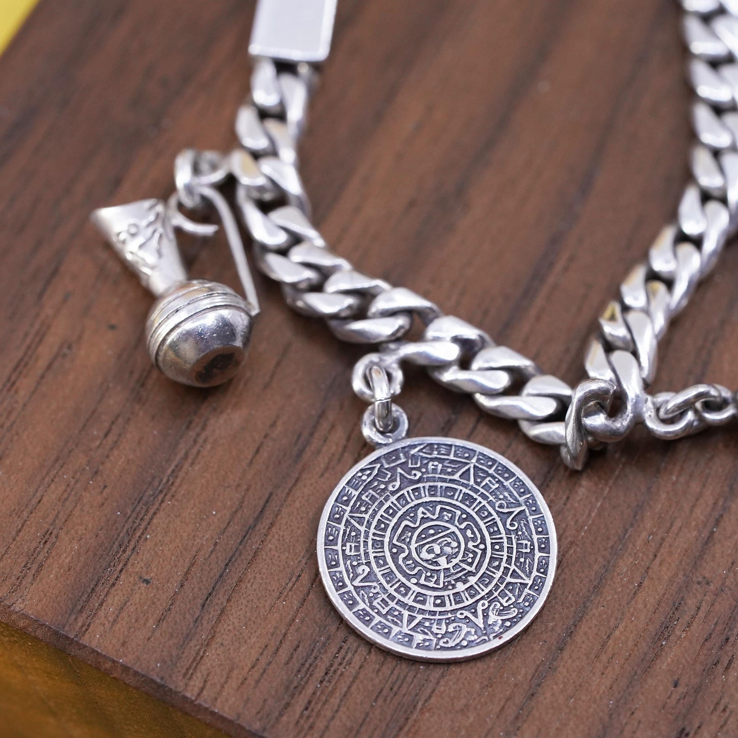 5”, Mexico Sterling Silver 925 Sombrero Mayan calendar sandal Charm Bracelet