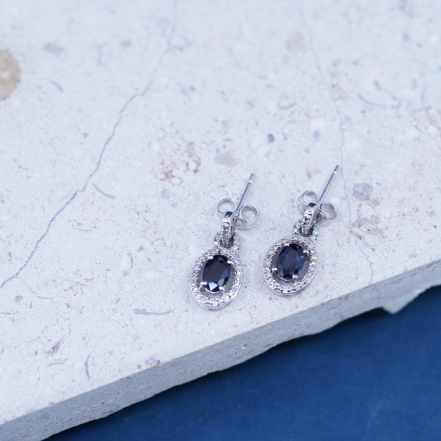 Vintage Sterling silver earrings, 925 oval drops with sapphire and diamond