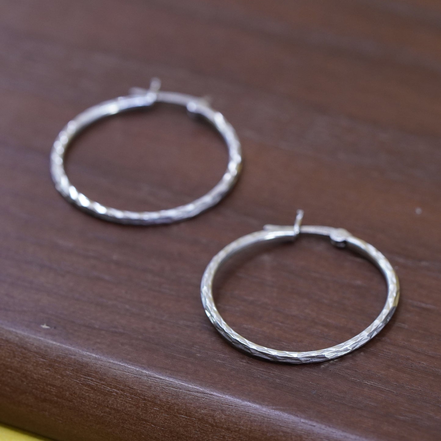 1.25”, vintage Sterling silver handmade earrings, textured 925 silver hoops