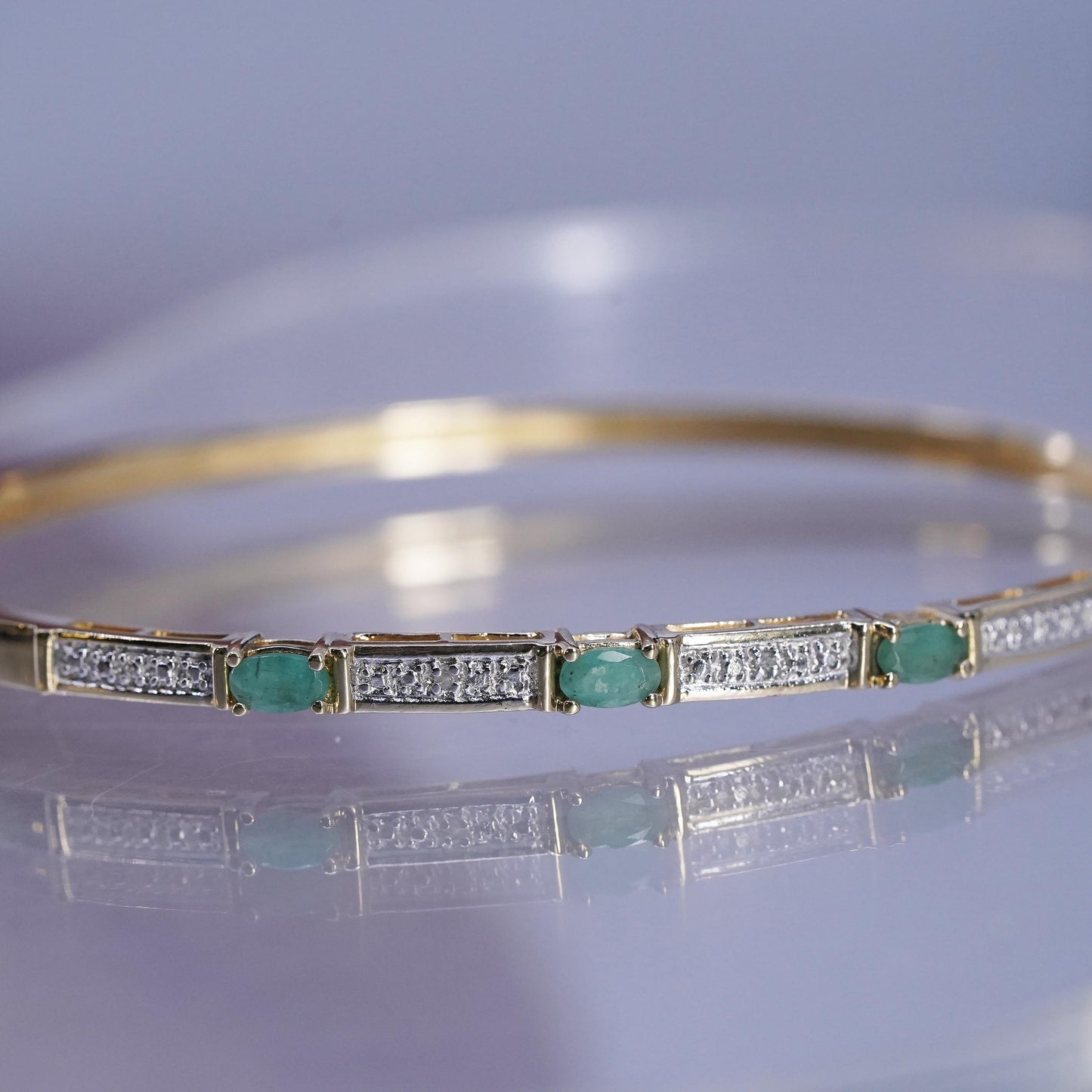 7", vermeil gold over Sterling 925 silver bracelet, hinged bangle jade diamond