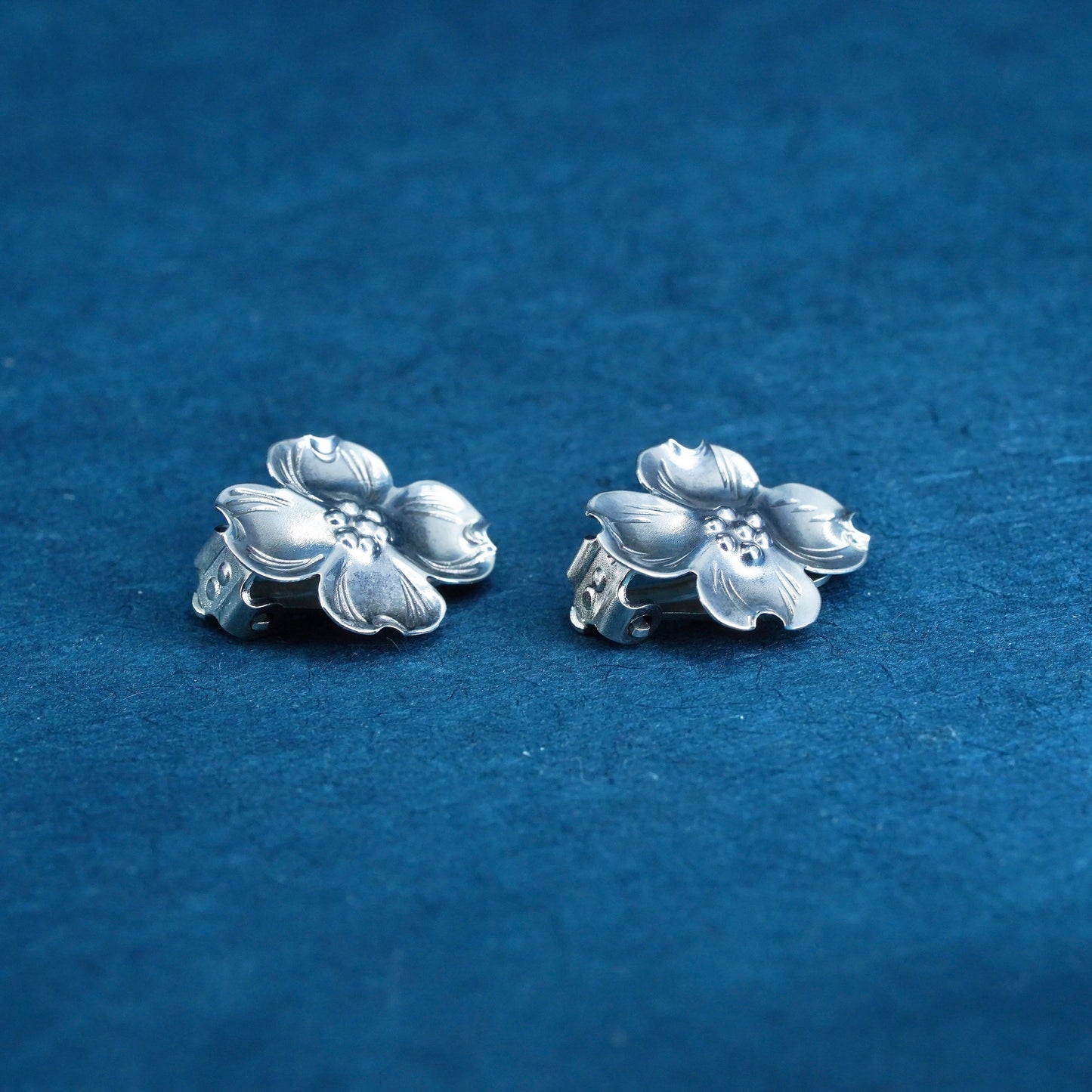 NYE Sterling silver handmade earrings, solid 925 silver dogwood flower clip on