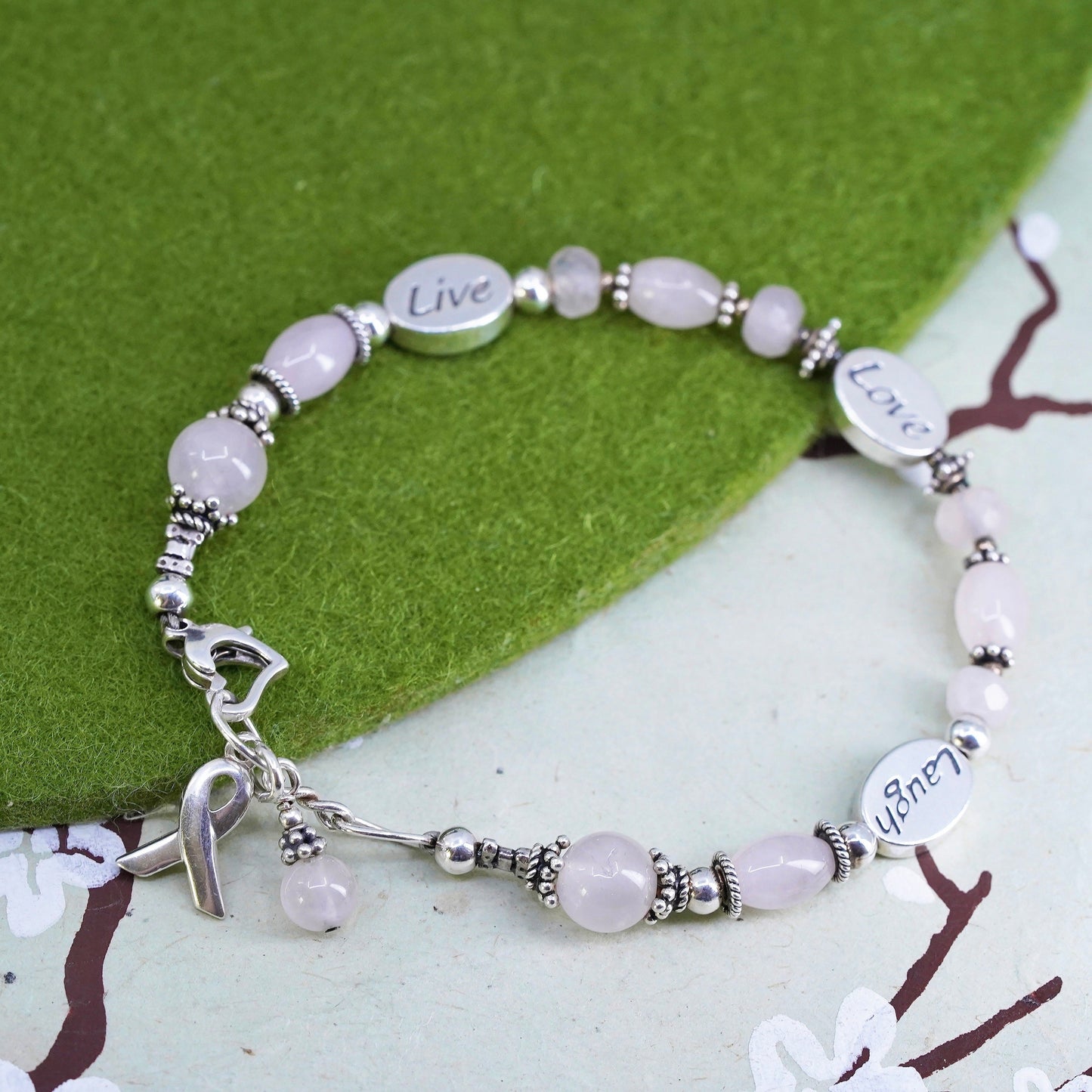 7.25", Sterling 925 silver breath cancer survivor bracelet “live love laugh”