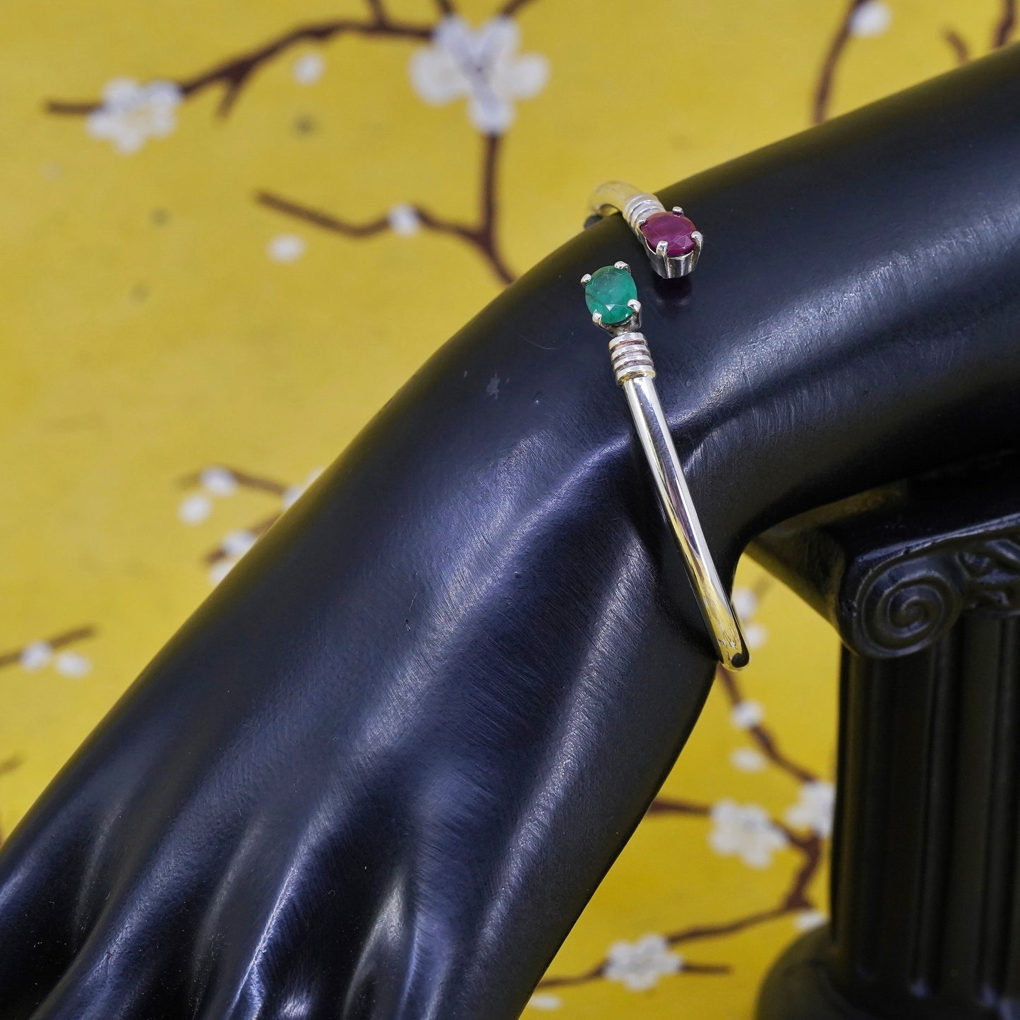 6.5", modern Sterling silver bracelet, 925 wrap bangle with ruby and emerald