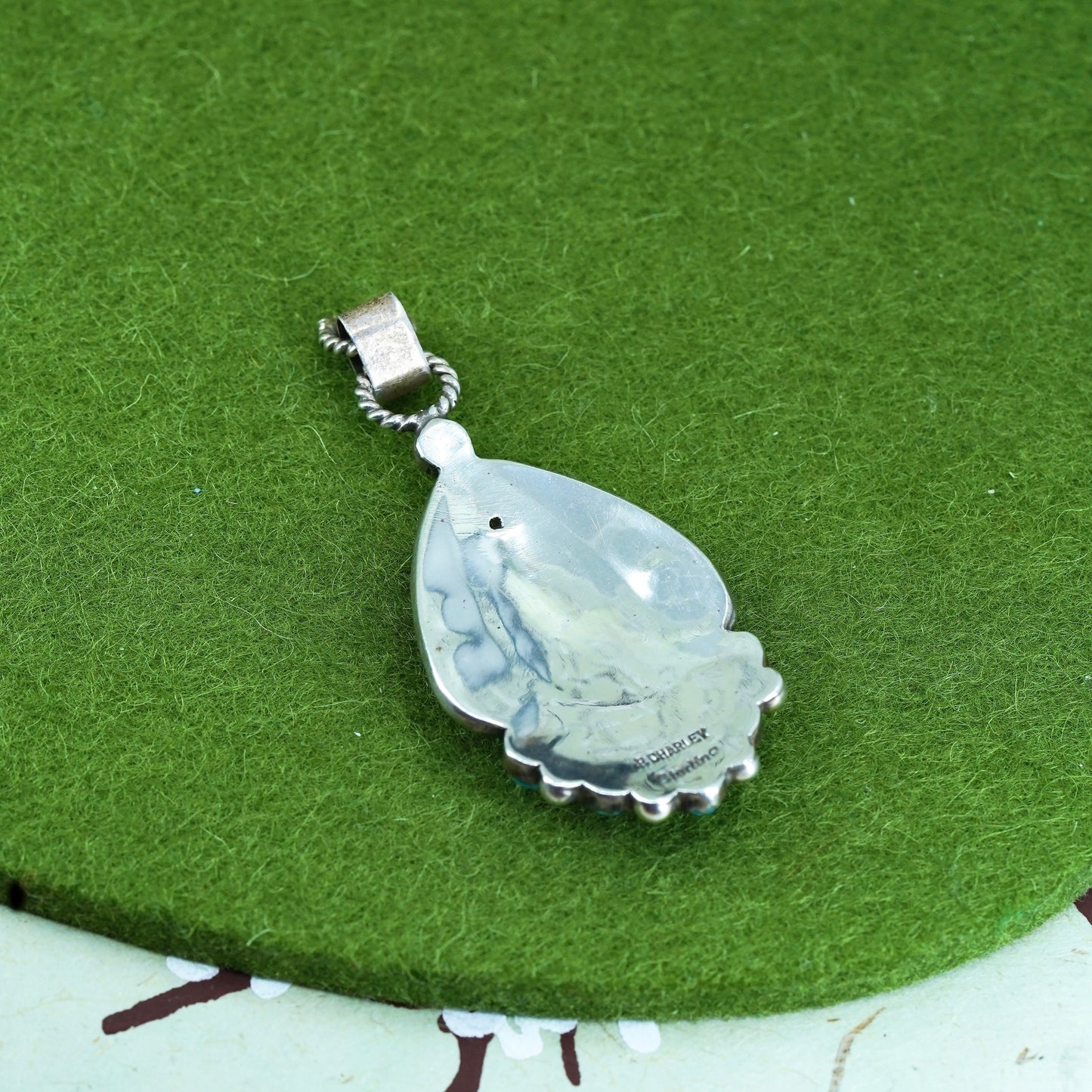 Native American R. Charley sterling 925 silver teardrop pendant with turquoise