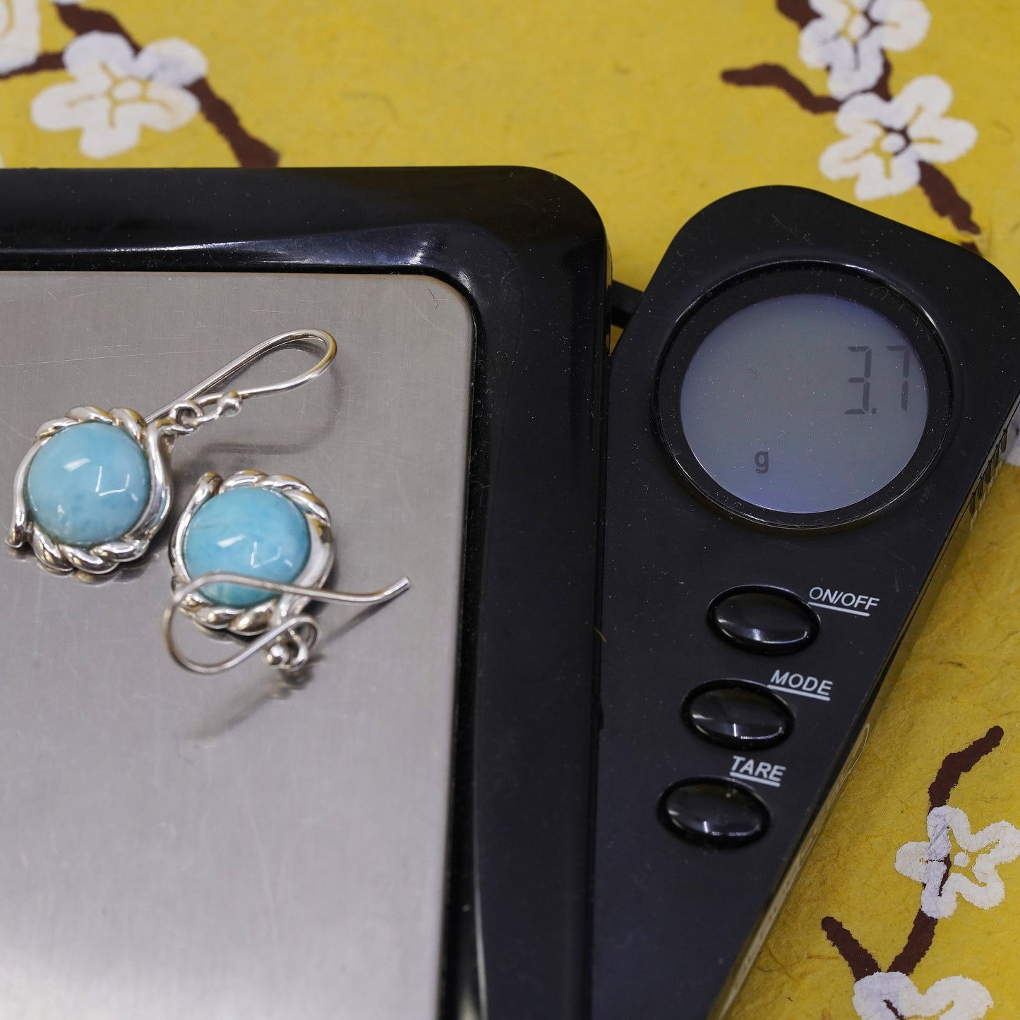 Vintage Sterling 925 silver handmade earrings with round Larimar