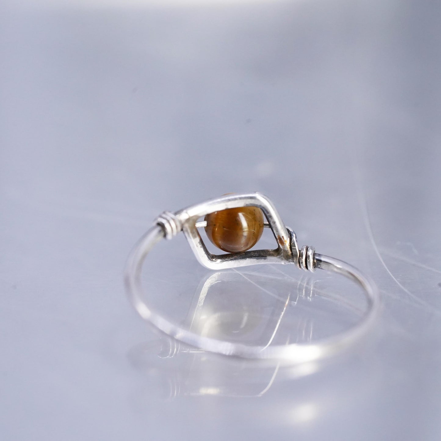 Size 4.5, vintage Sterling 925 silver handmade ring, wired band with Tiger eye