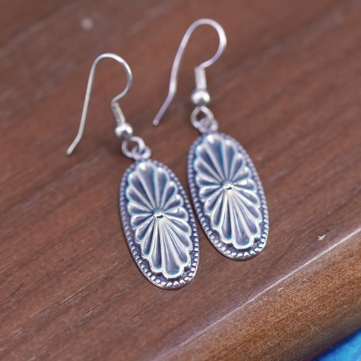 Vintage sterling silver handmade earrings, textured 925 oval drops