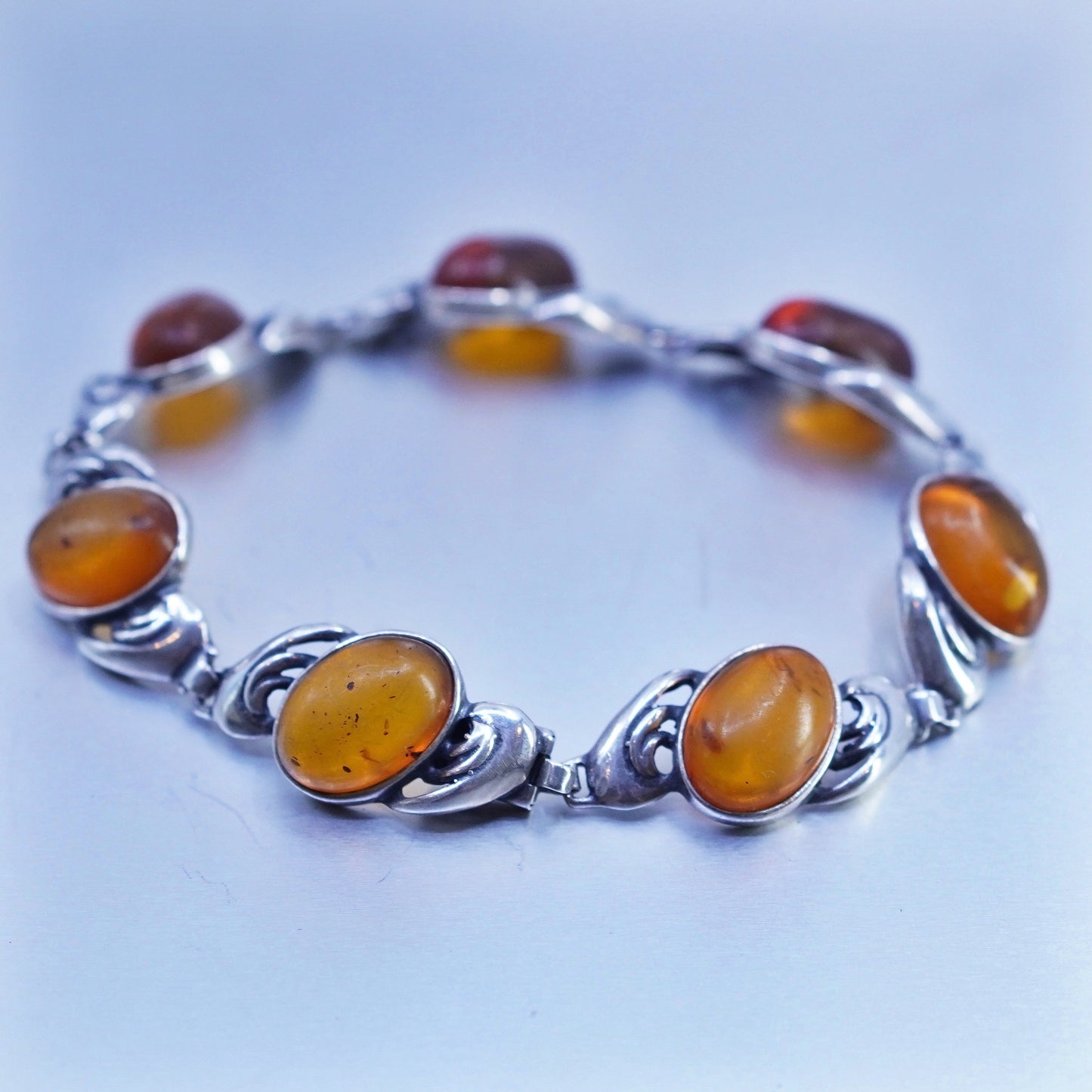 7.75”, Vintage Sterling 925 silver handmade tennis bracelet chain with amber