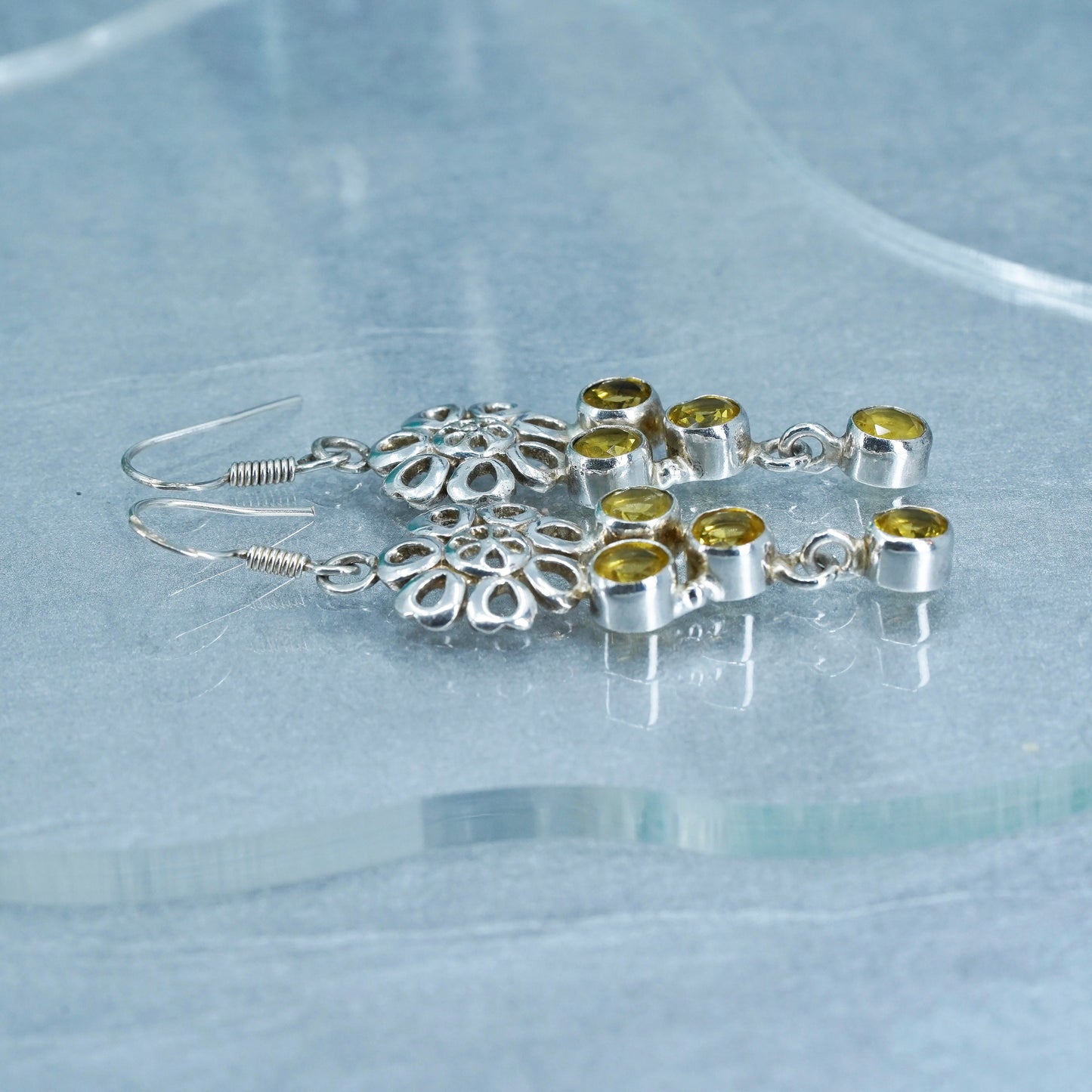Vintage Sterling 925 silver handmade flower earrings with citrine