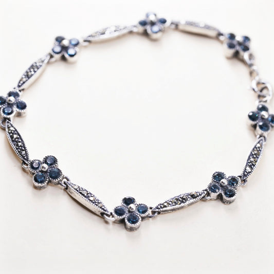 7.5", vintage sterling 925 silver tennis flower bracelet blue crystal marcasite