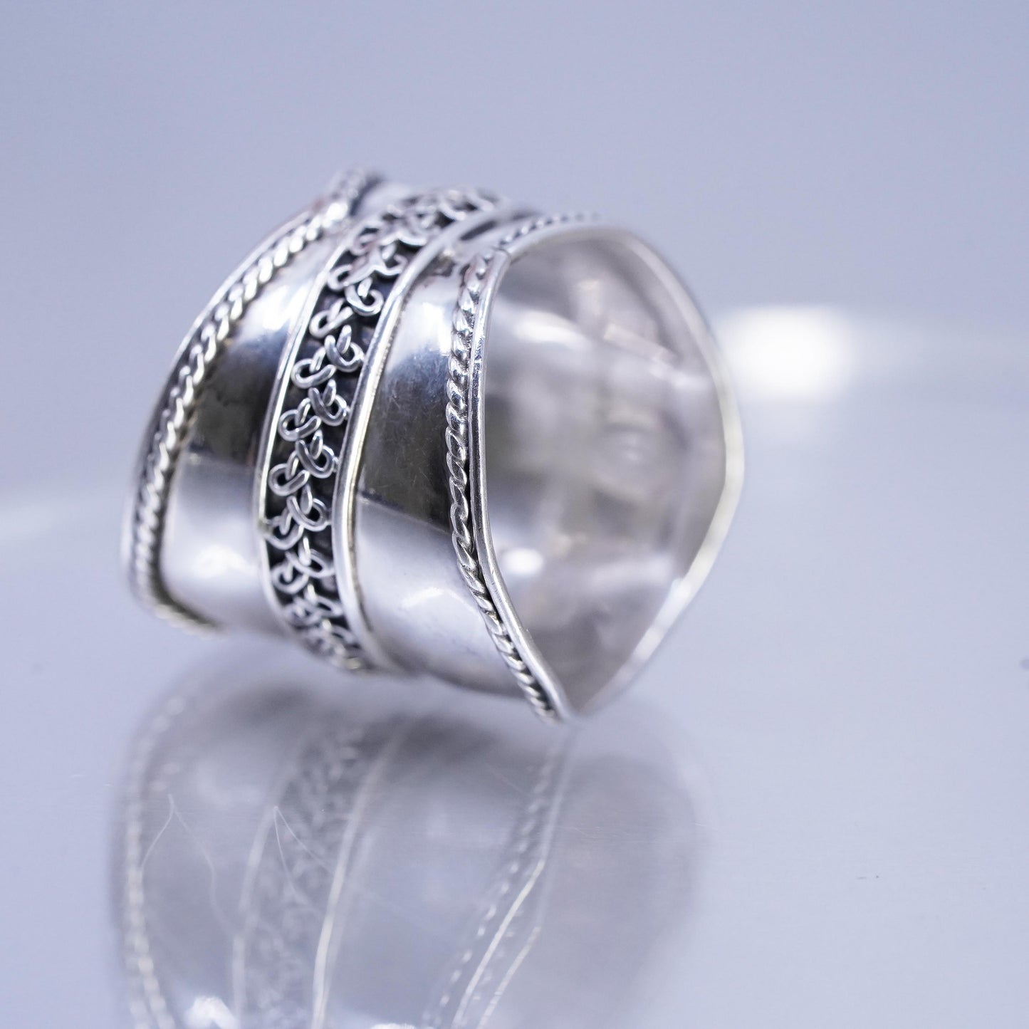 Size 9.5, Vintage Sterling Silver Wide Ring cable, Boho Statement 925 band