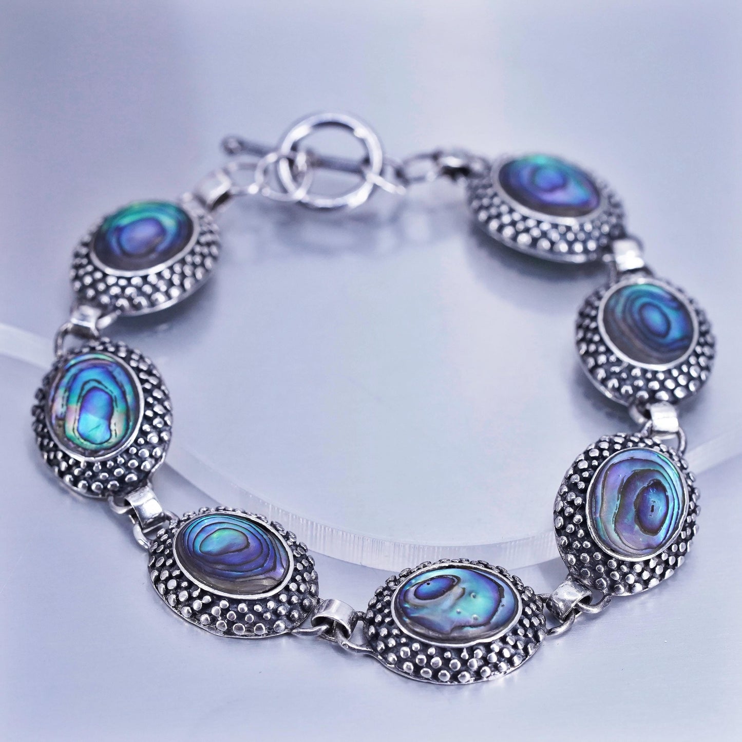 7.75”, Sterling 925 silver handmade bracelet with abalone and toggle closure