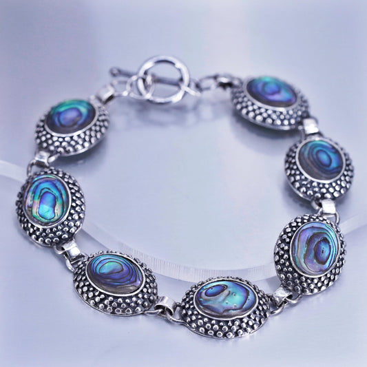 7.75”, Sterling 925 silver handmade bracelet with abalone and toggle closure
