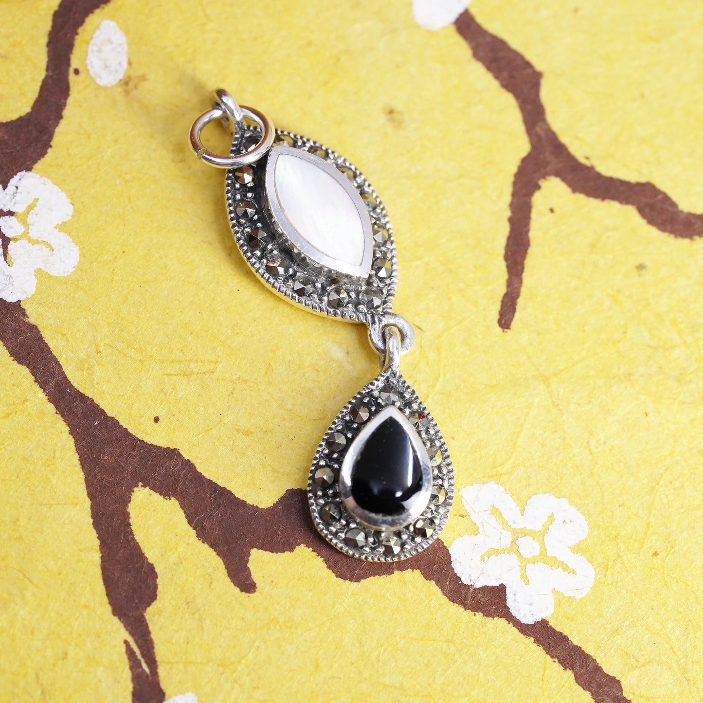 VTG Sterling 925 silver handmade charm pendant mother of pearl onyx marcasite