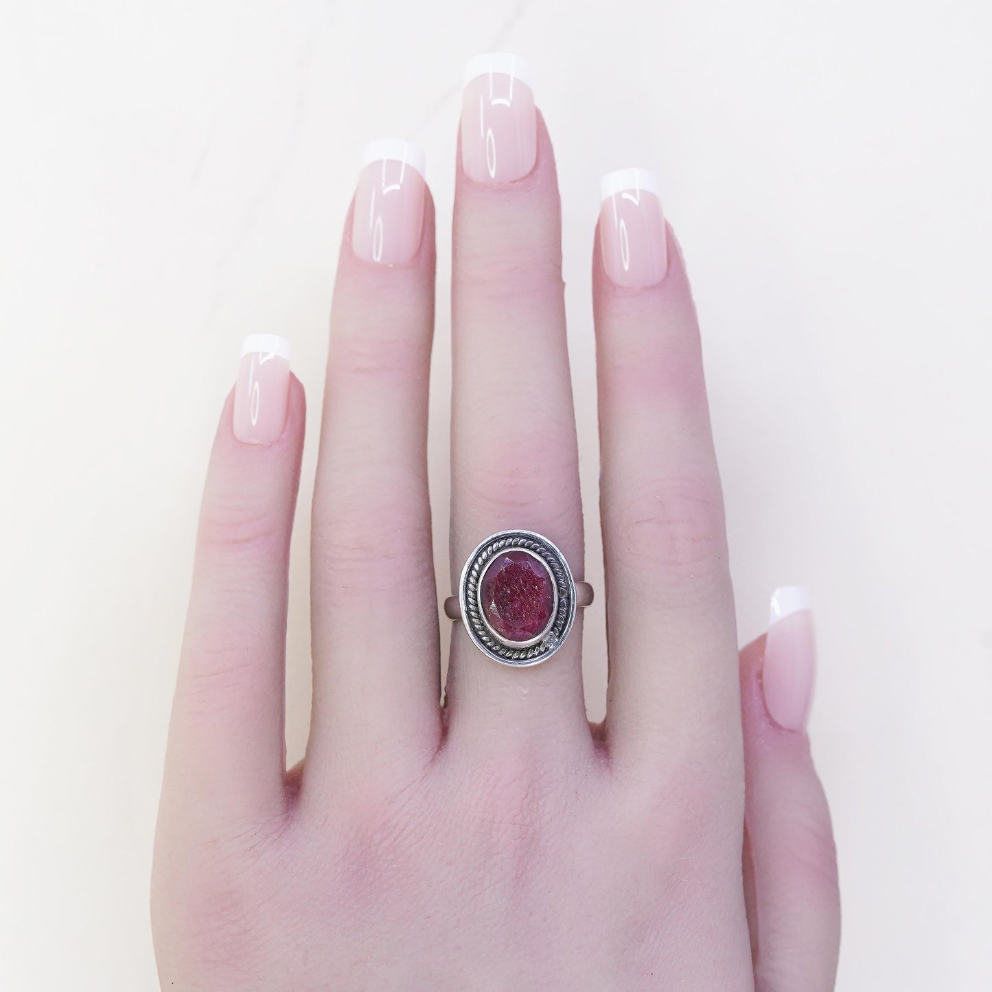 Size 7.25, Vintage sterling 925 silver handmade ring with oval natural ruby