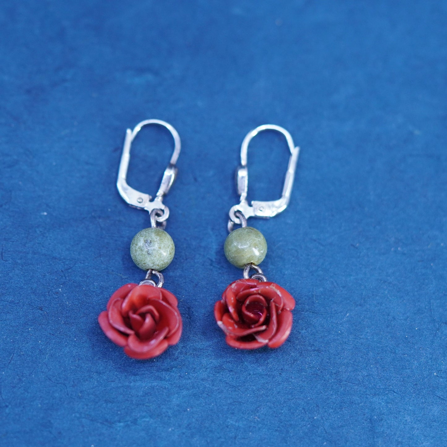 Vintage Sterling 925 silver handmade earrings jade bead and rose flower dangles