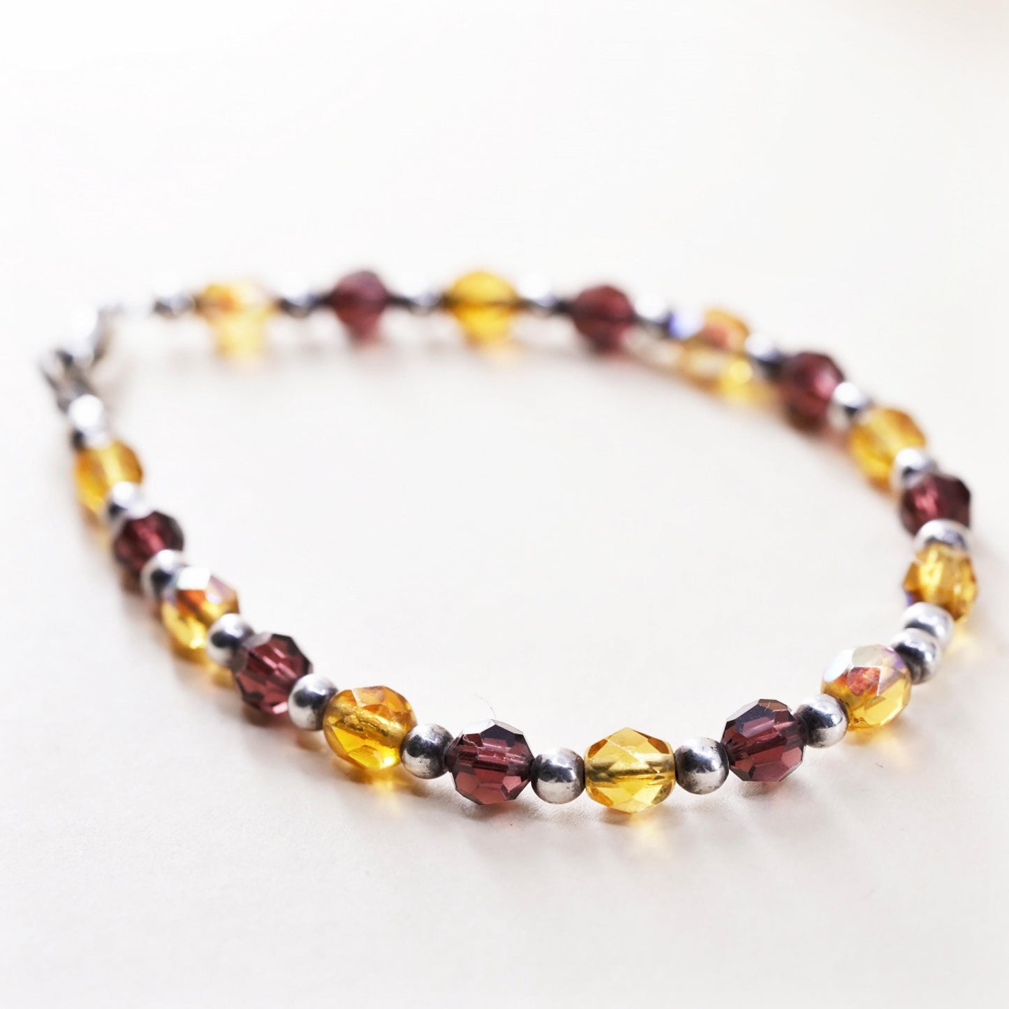 7.25”, vintage 925 Sterling silver handmade bracelet with garnet citrine beads