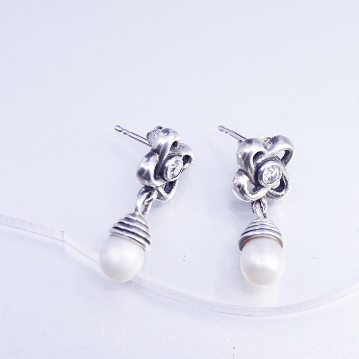 Vintage Sterling 925 silver handmade teardrop earrings with pearl and CZ