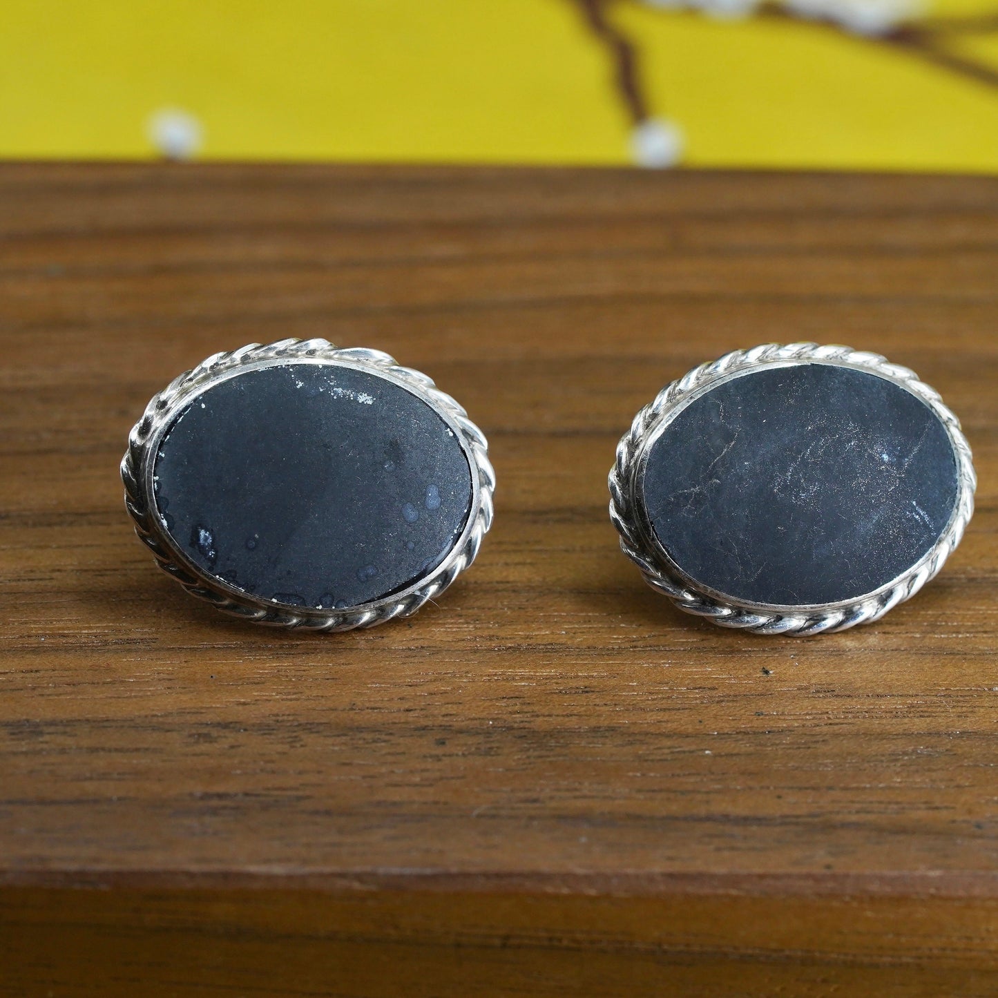 Vintage Sterling silver handmade earrings, oval studs with volcano ash stone