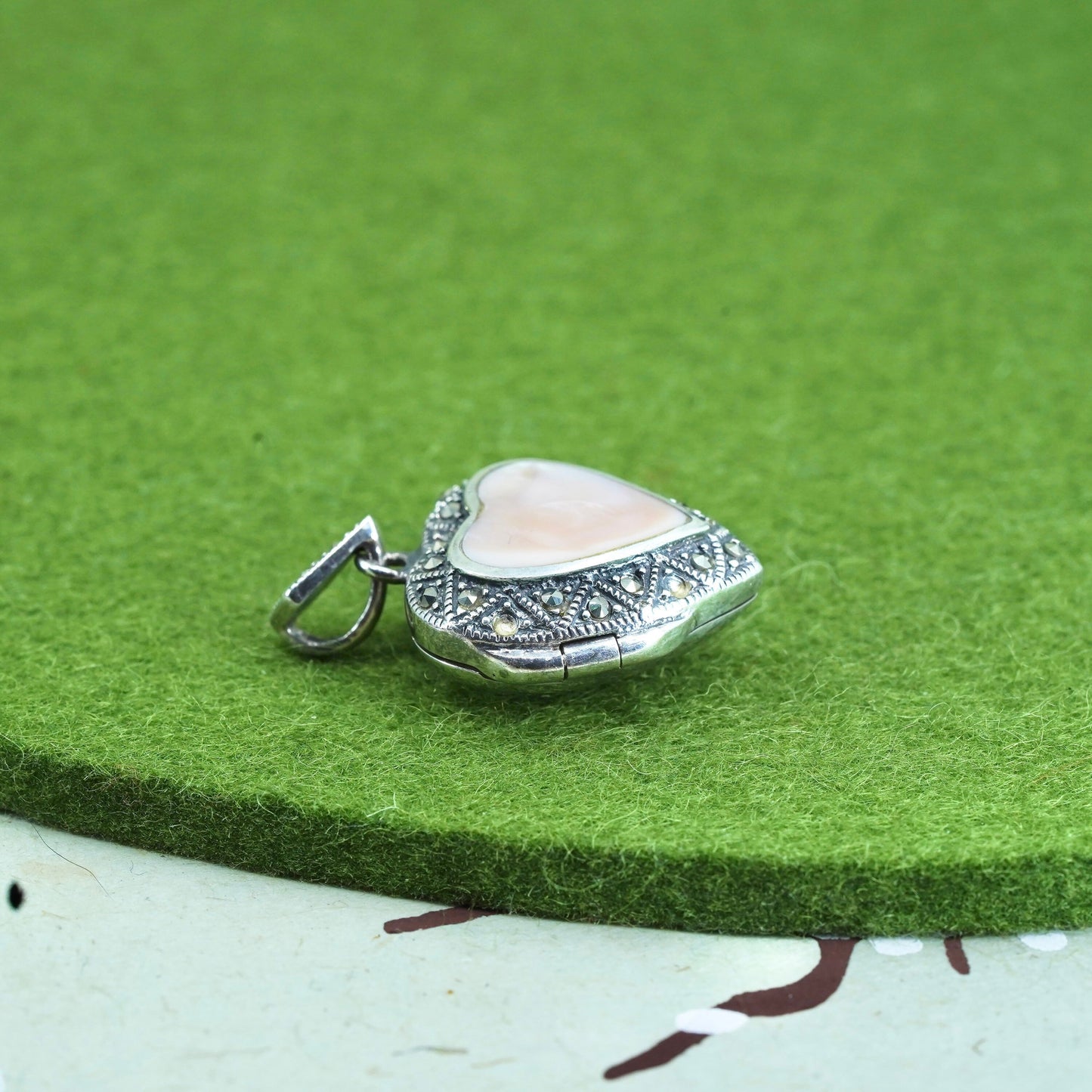 Sterling silver pendant, 925 heart locket charm pink mother of pearl Marcasite