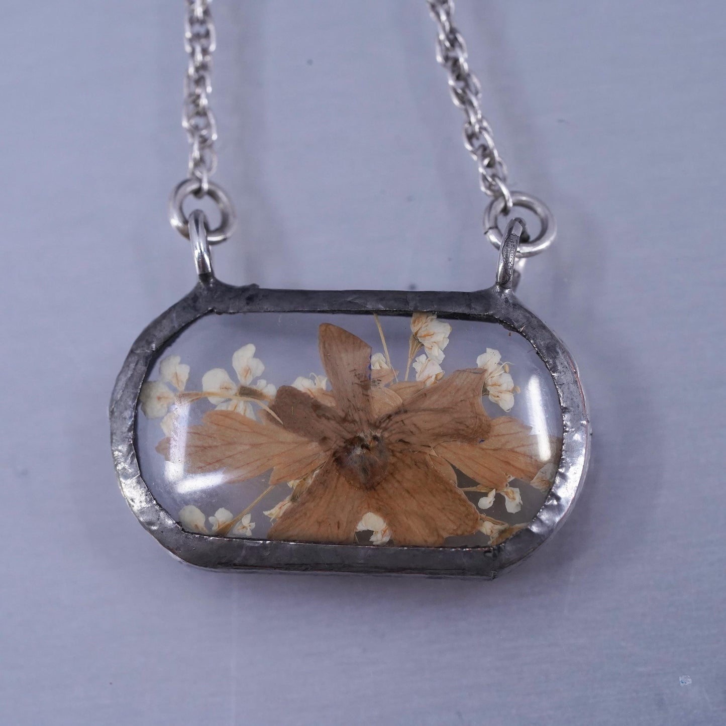 18”, sterling 925 silver Singapore rope chain necklace resin flower pendant