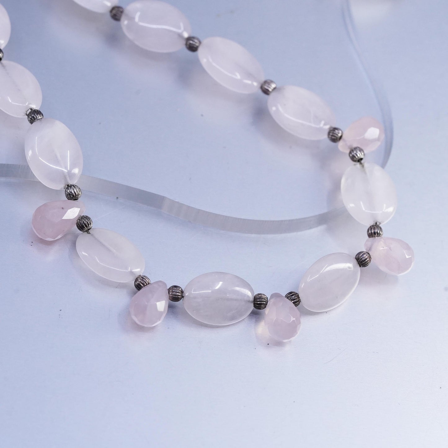 19", VTG Pink Quartz Beads necklace teardrop charms sterling 925 silver clasp