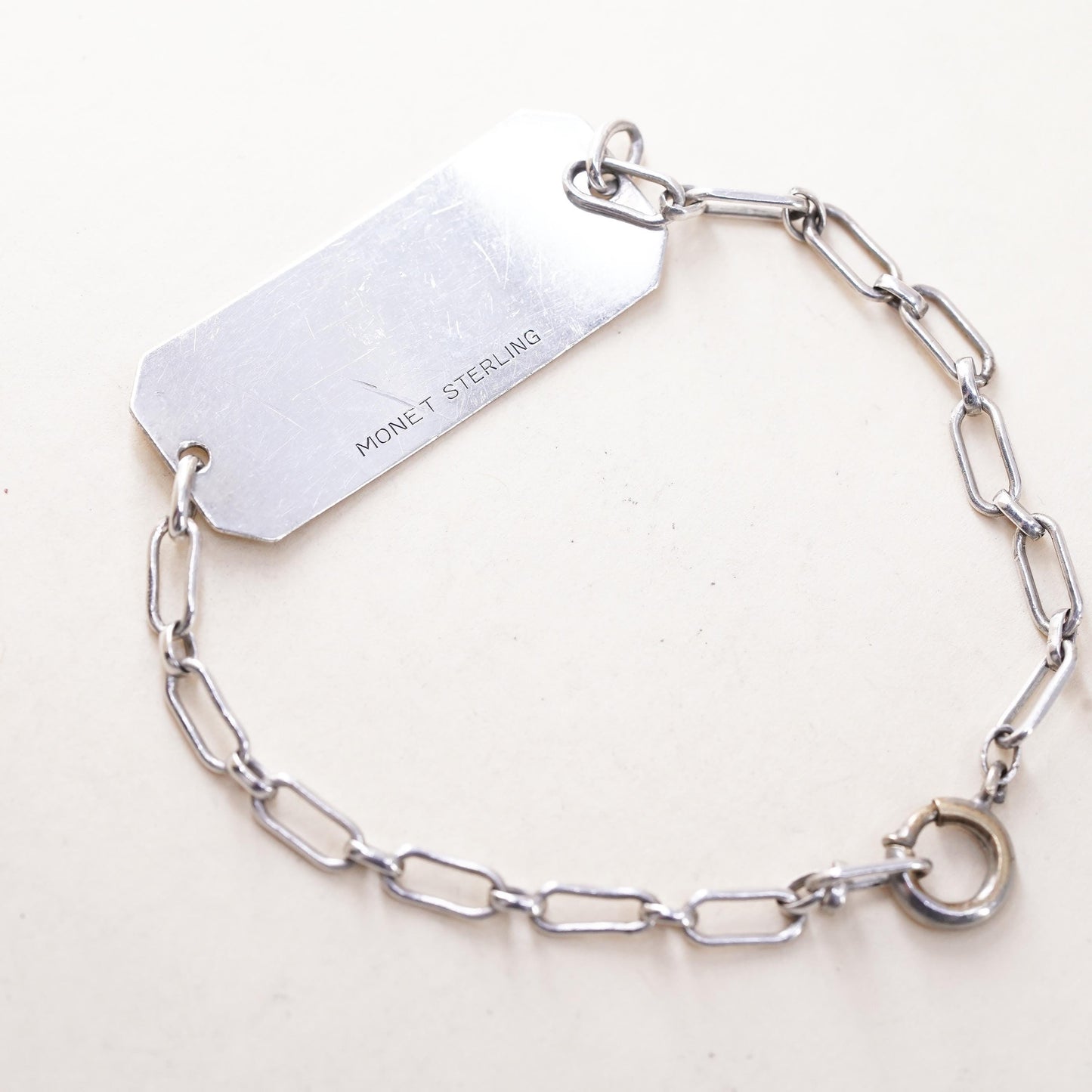 5.5" 3mm, Vintage Monet sterling silver bracelet, 925 elongated chain name tag