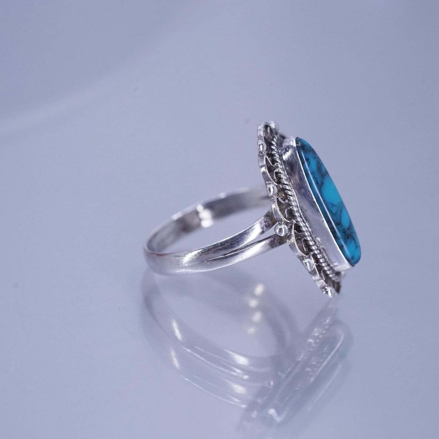 Size 6, Mexico Taxco Sterling 925 silver handmade filigree ring with turquoise