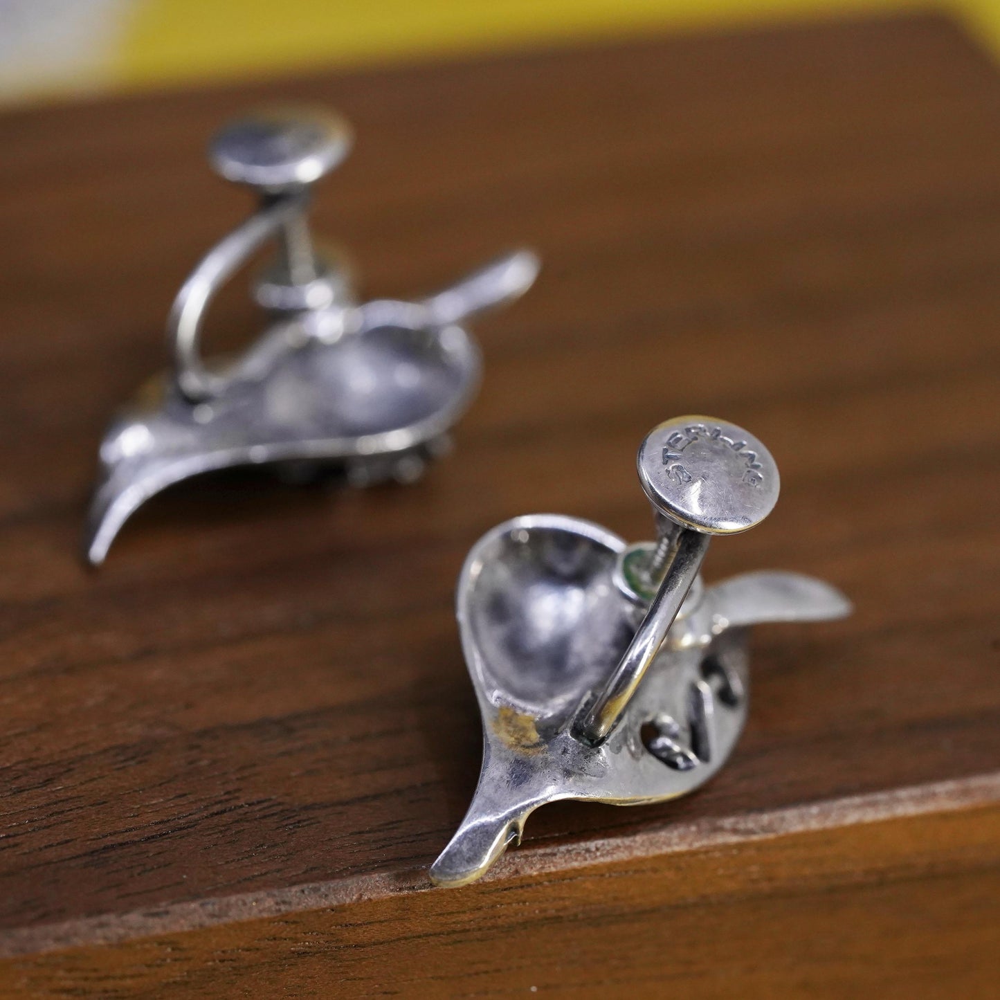 Vintage Sterling silver handmade earrings, 925 leaf screw back earrings