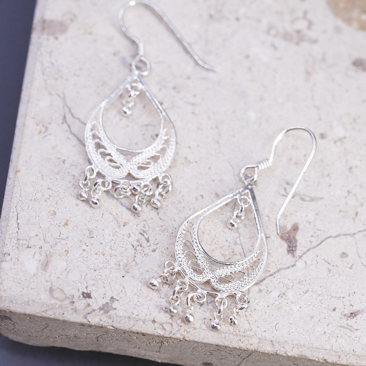 Vintage sterling silver handmade earrings, 925 filigree teardrop drop