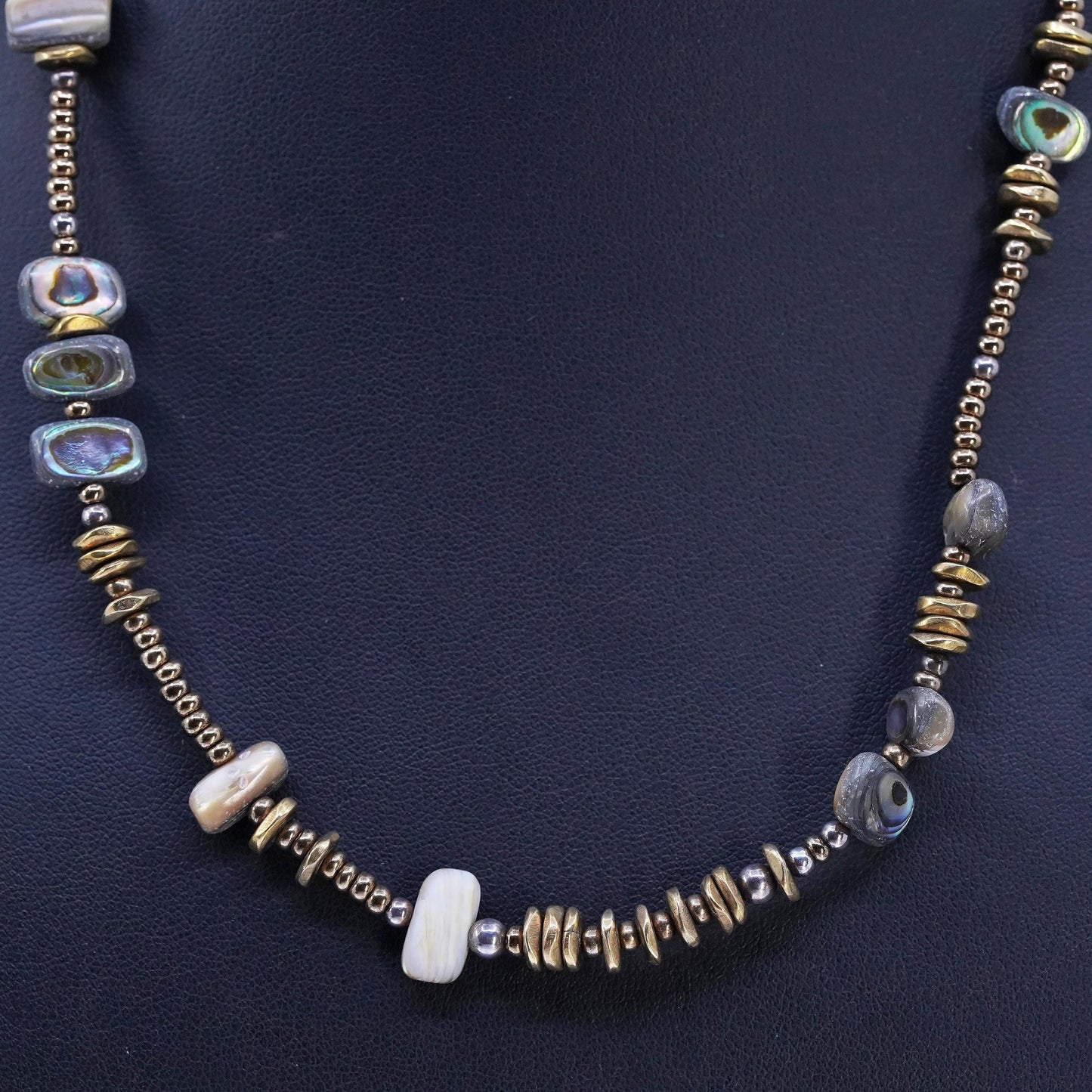 16+2", vtg 925 Sterling 925 Silver Handmade Necklace with brass abalone beads