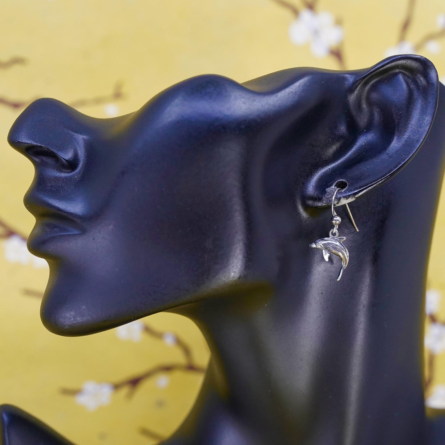 Vintage Sterling silver handmade earrings, 925 dolphin dangles