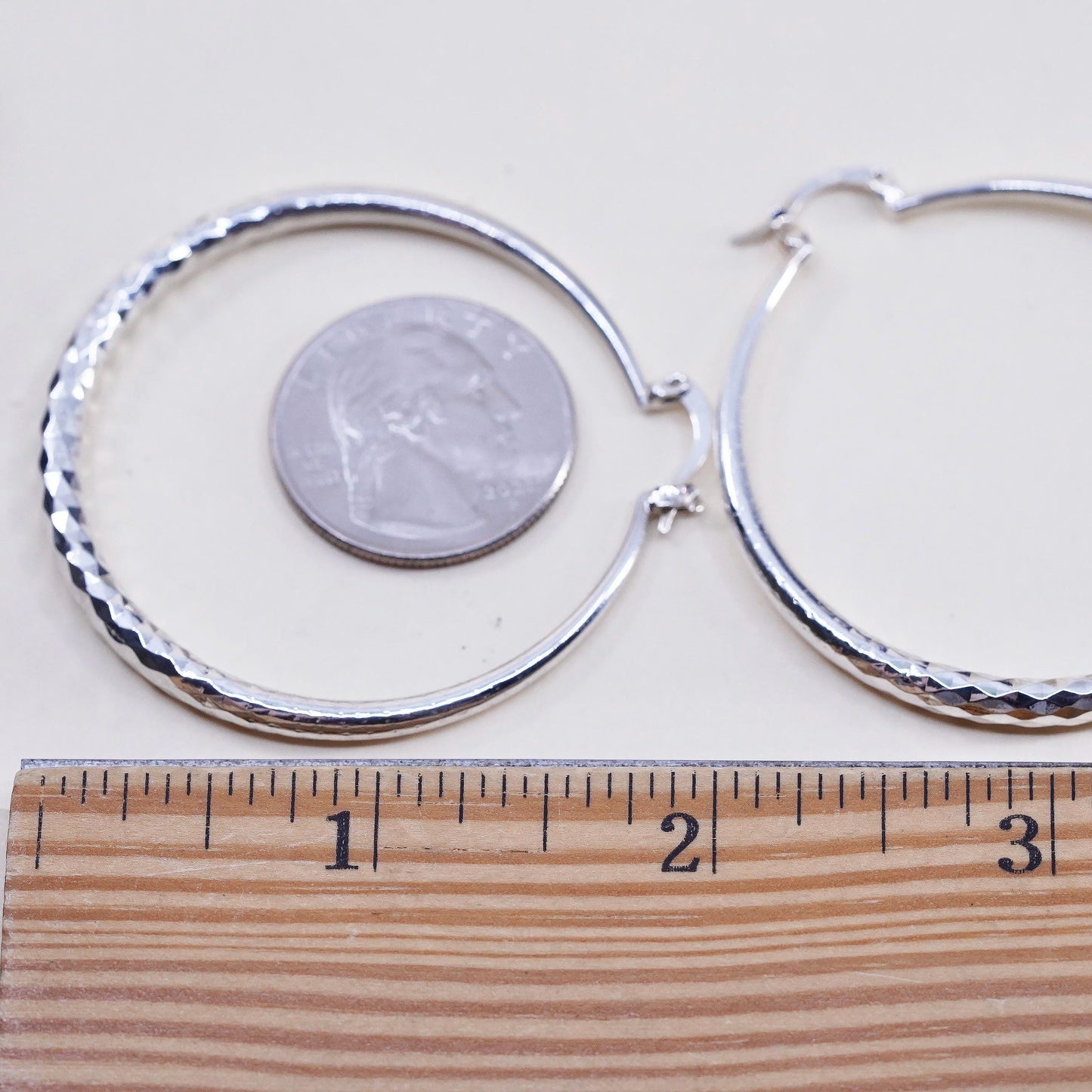 2" VTG Sterling Silver Diamond Cut Circle Large Earrings, Classic Round Hoops