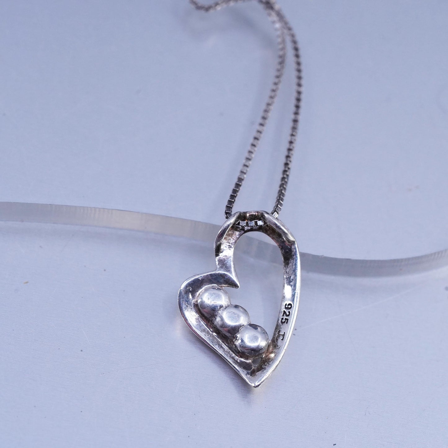 16+2", vintage Sterling 925 silver handmade box necklace with heart cz pendant