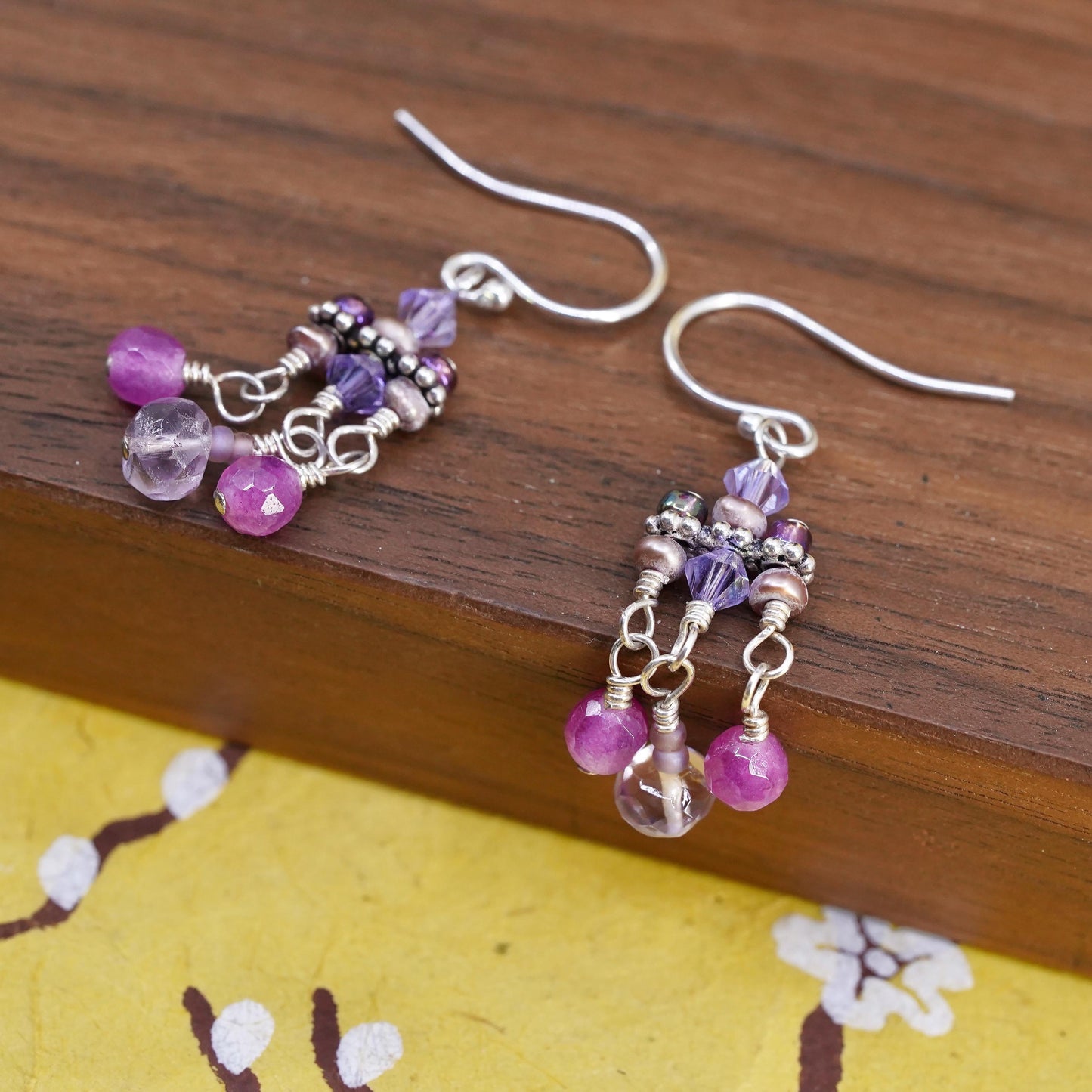 Vintage Sterling 925 silver handmade earrings with crystal and ruby beads