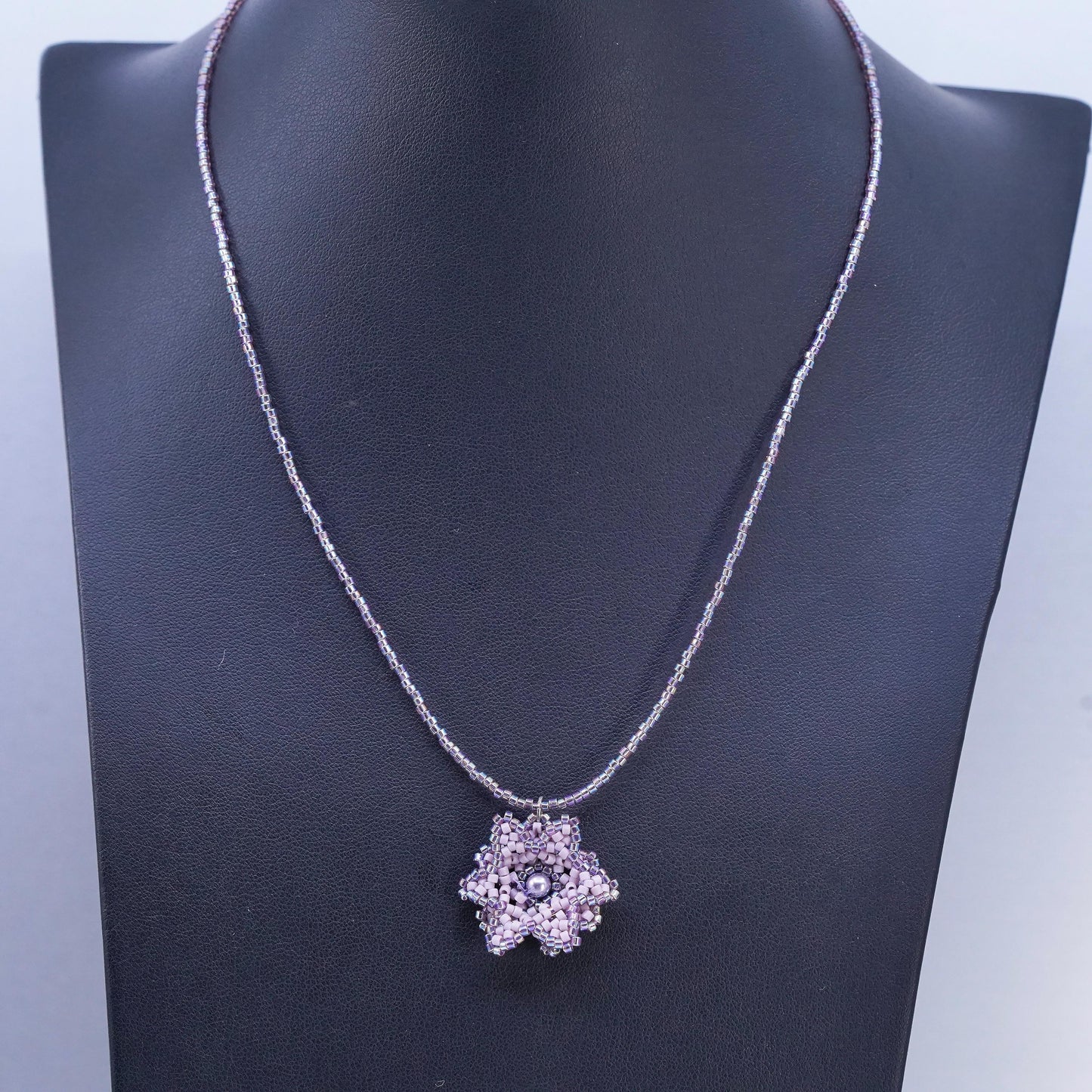 17", Sterling necklace, 925 Silver beads with lavender purple Crystal flower