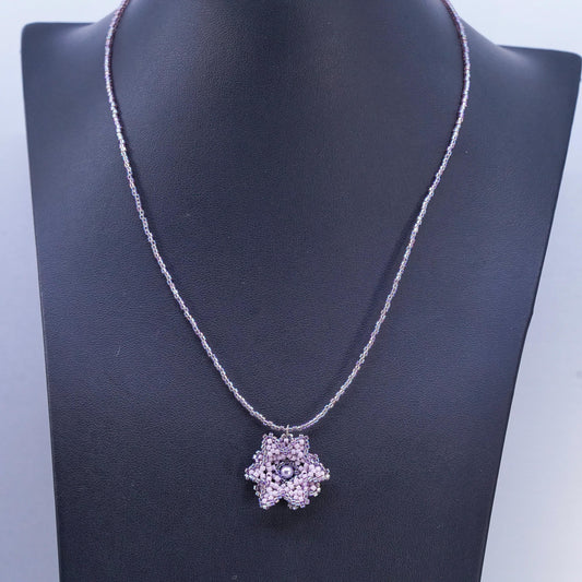 17", Sterling necklace, 925 Silver beads with lavender purple Crystal flower