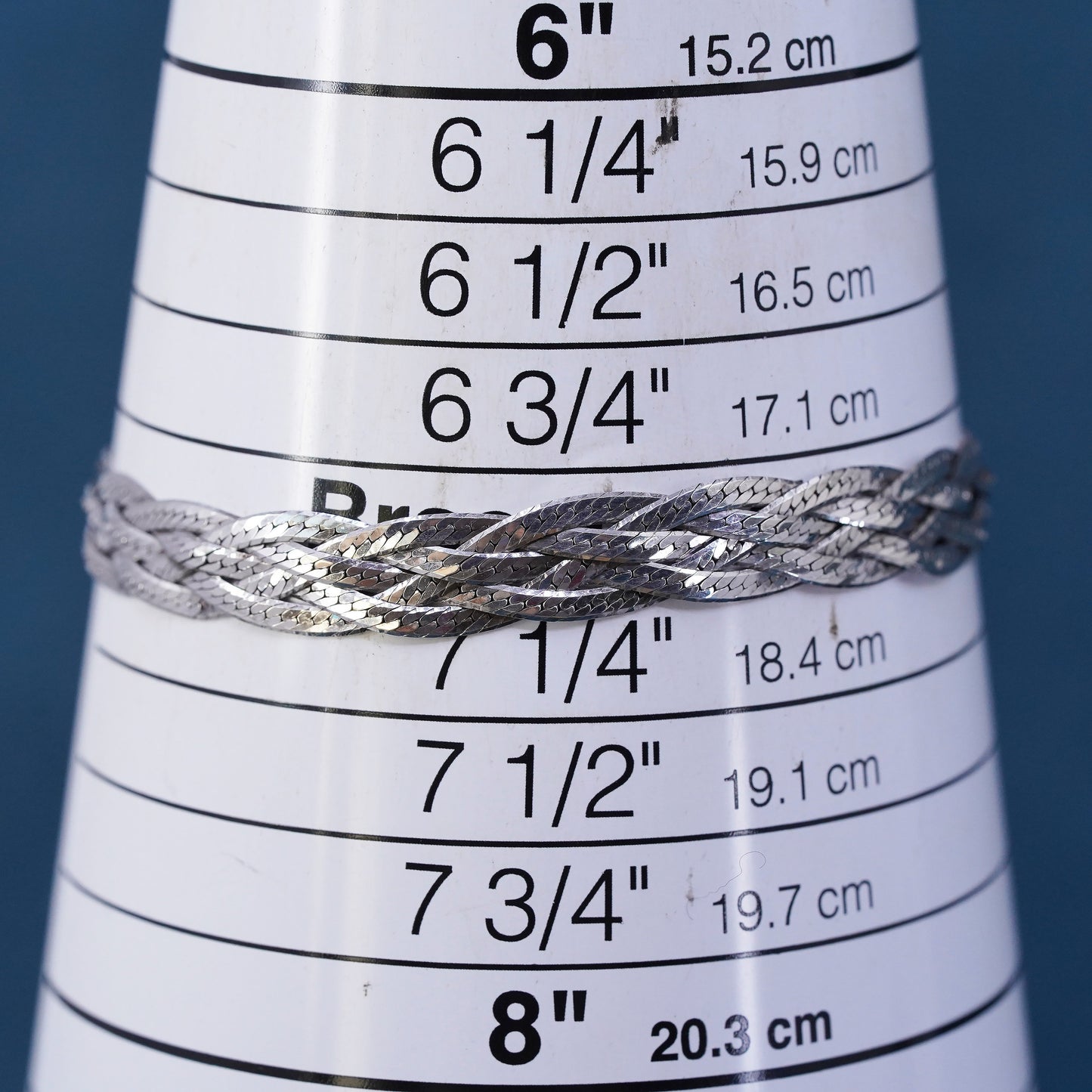 7", 8mm, vintage Sterling silver bracelet, textured 925 herringbone woven chain