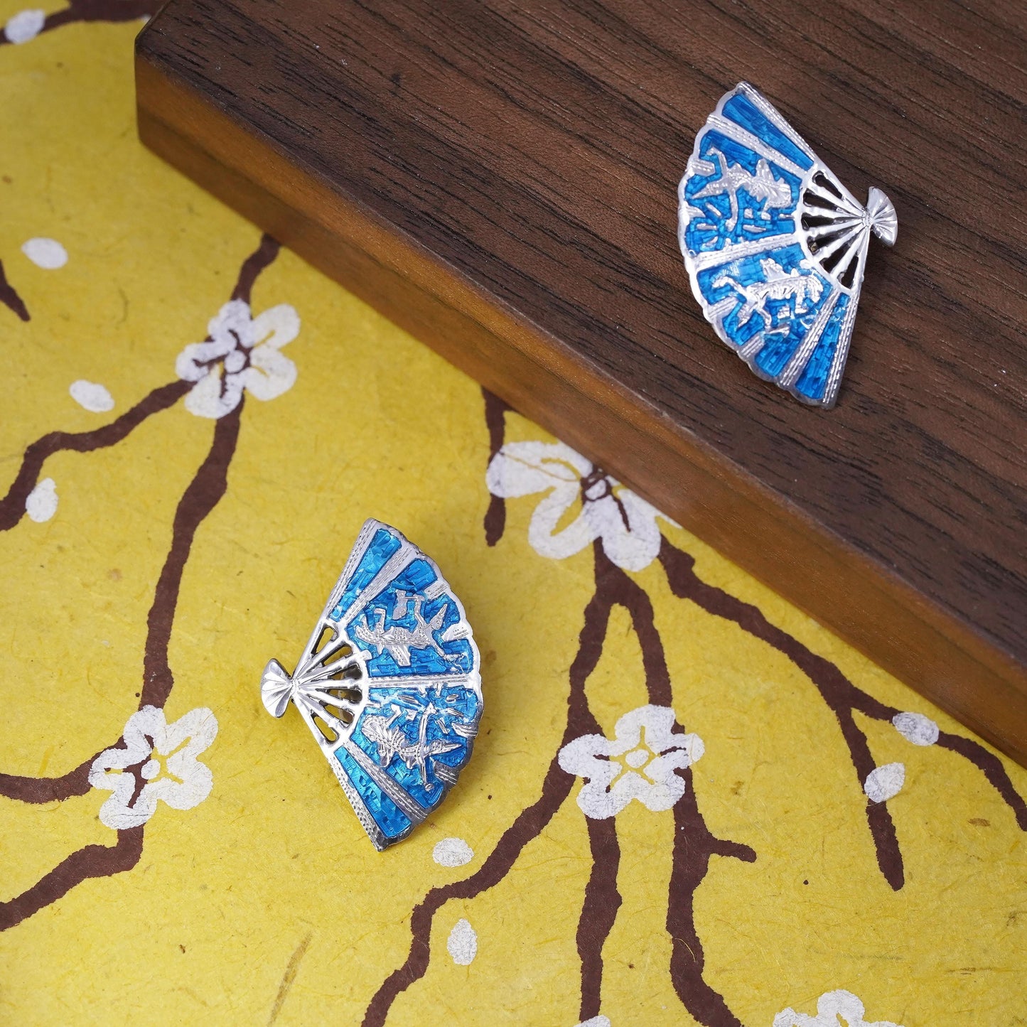 Siam sterling silver clip on, 925 India blue enamel fan earrings, niello silver