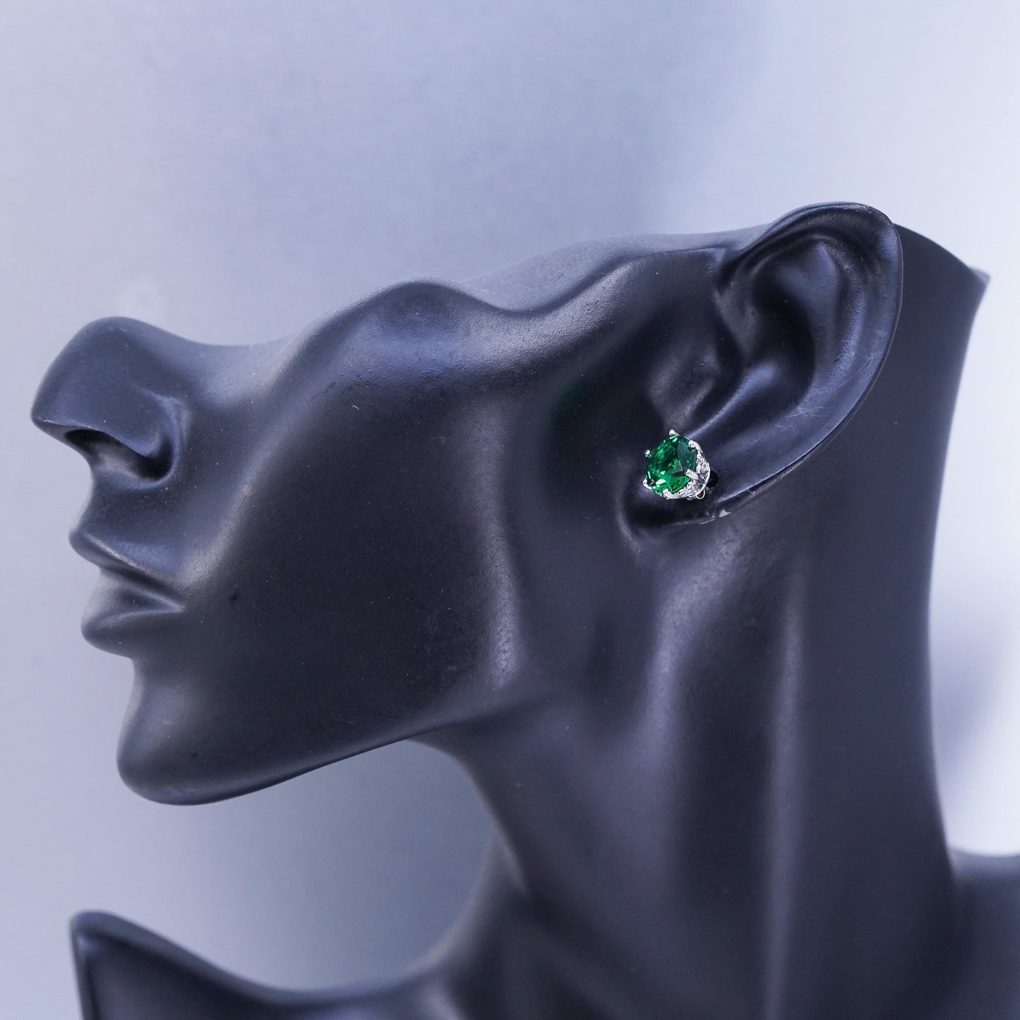 Vintage Sterling 925 silver handmade earrings, studs w/ emerald cz on the side