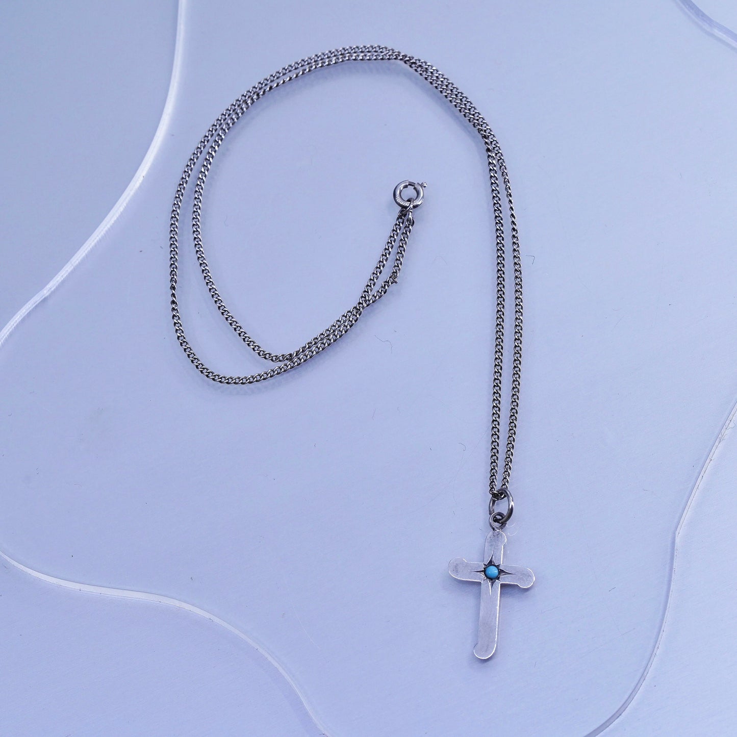 18”, VTG Sterling 925 silver curb chain necklace with turquoise cross pendant