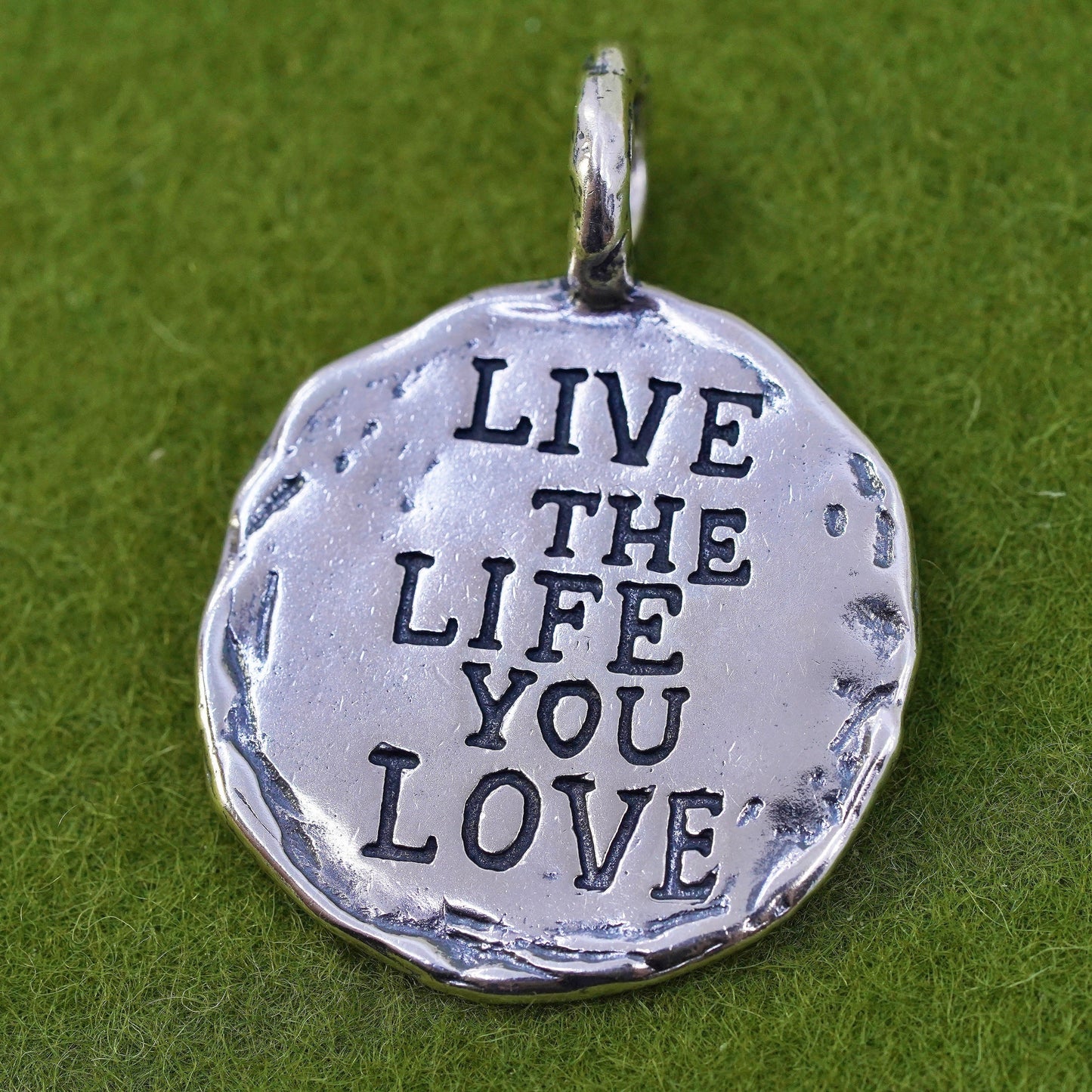 Sterling silver quote pendant, 925 lost wax casting circle "love life you live"
